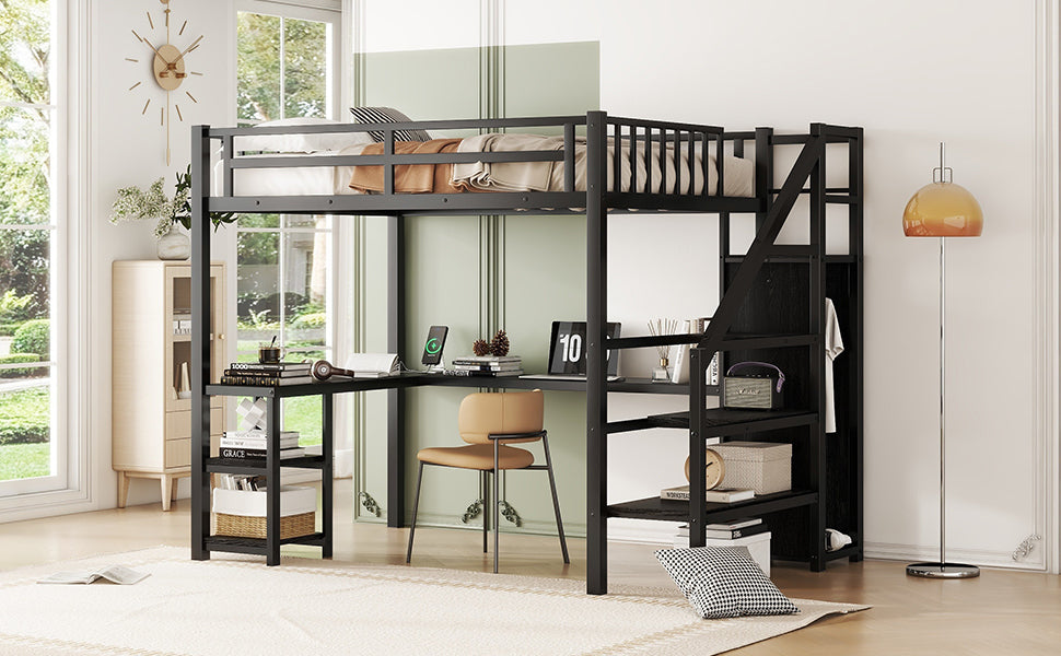Metal Full Loft Bed with Wardrobe and LED Light, Full Size Loft Bed with L Shaped Desk and USB for Kids Teens Adults, Black (Expect arrival date 2024/5/19)