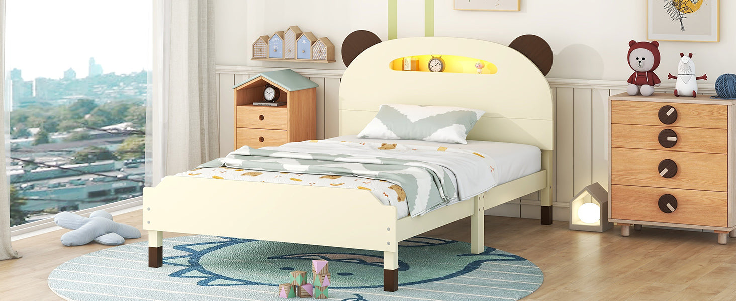 Twin Size Wood Platform Bed with Bear-shaped Headboard,Bed with Motion Activated Night Lights,Cream+Walnut - Atlantic Fine Furniture Melbourne FL