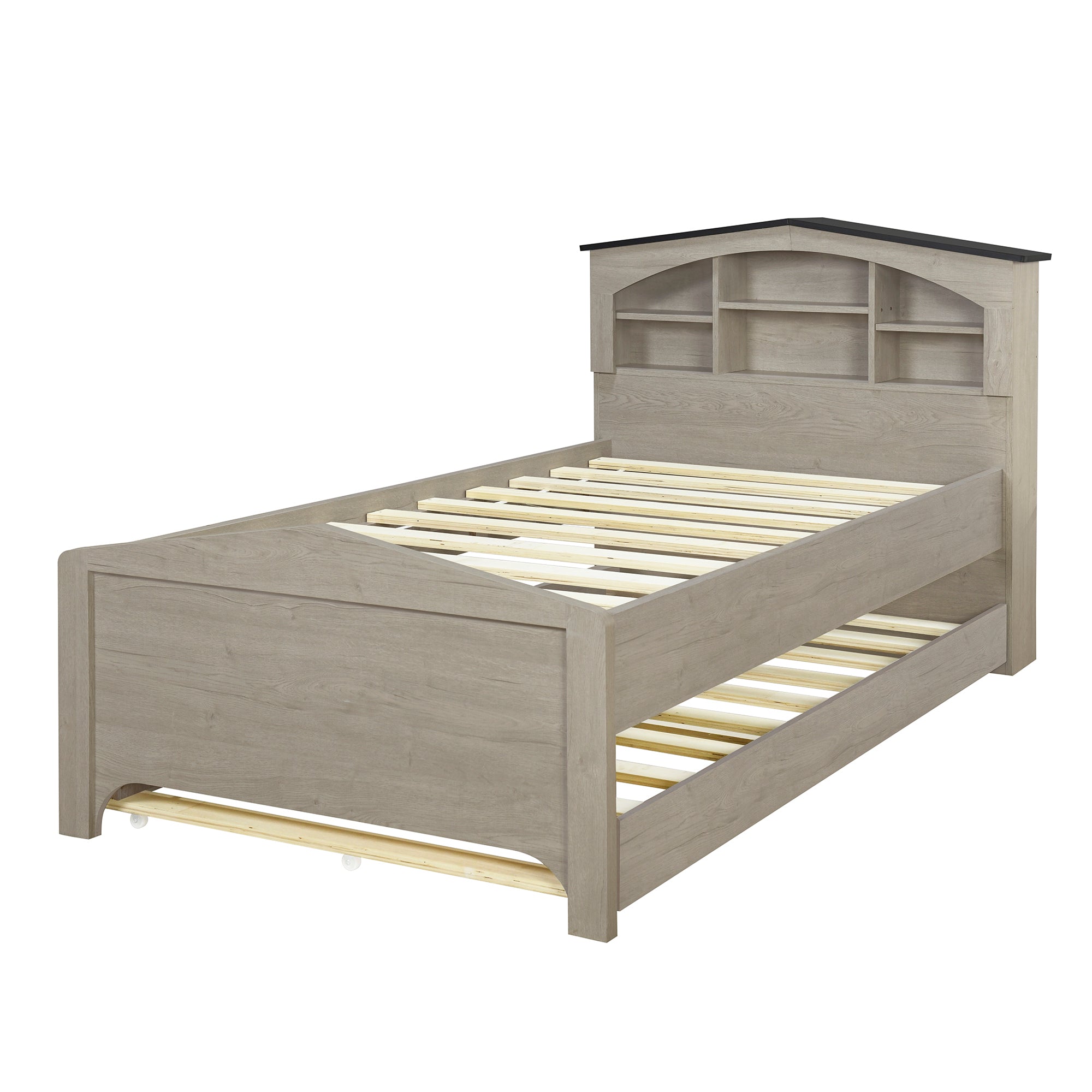 Twin Size Wood Platform Bed with House-shaped Storage Headboard and Trundle, Gray - Atlantic Fine Furniture Melbourne FL