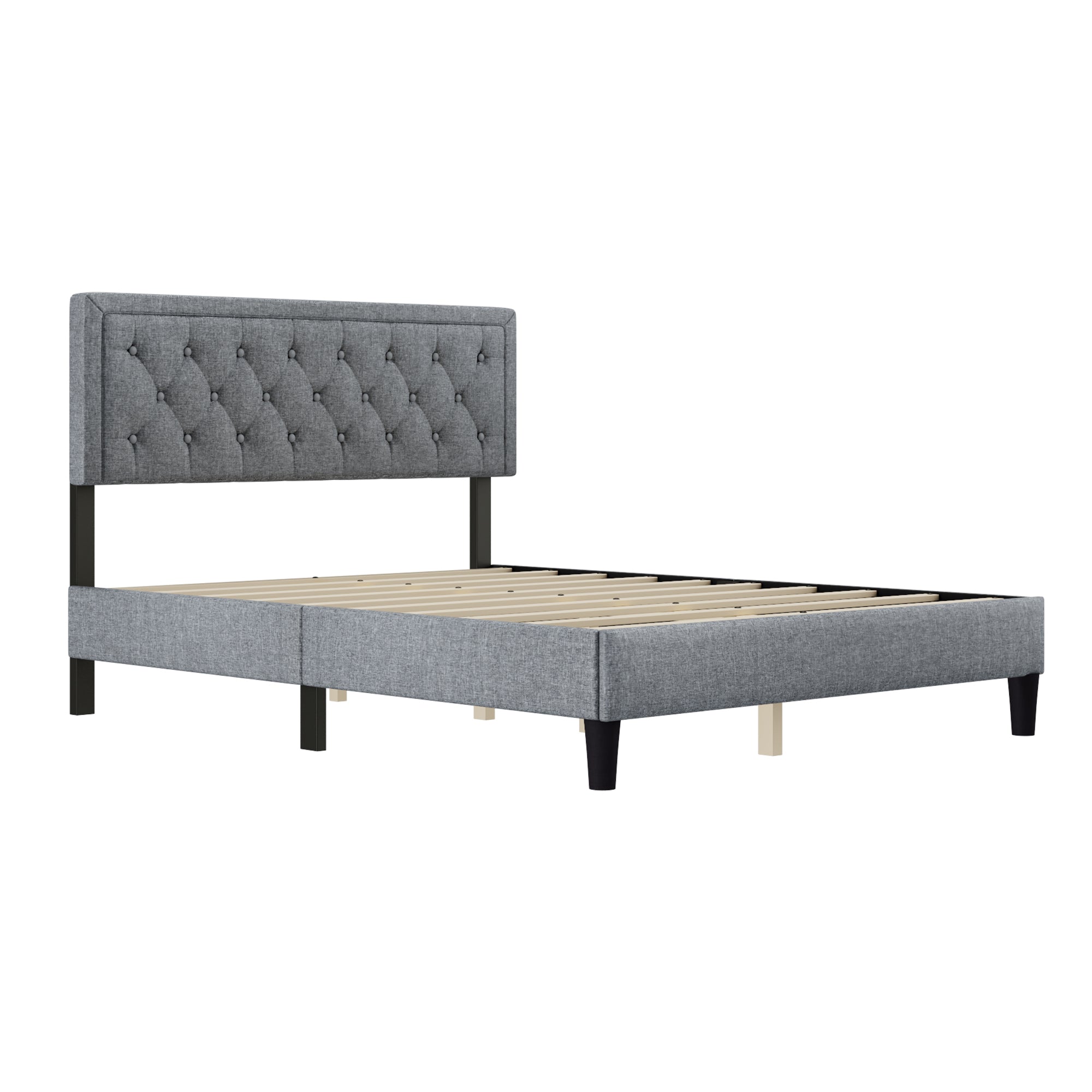 Queen size Panel Bed Frame with Adjustable Button-Tufted Headboard for Bedroom/Linen Upholstered/Wood Slat Support/Easy Assembly,Light Grey