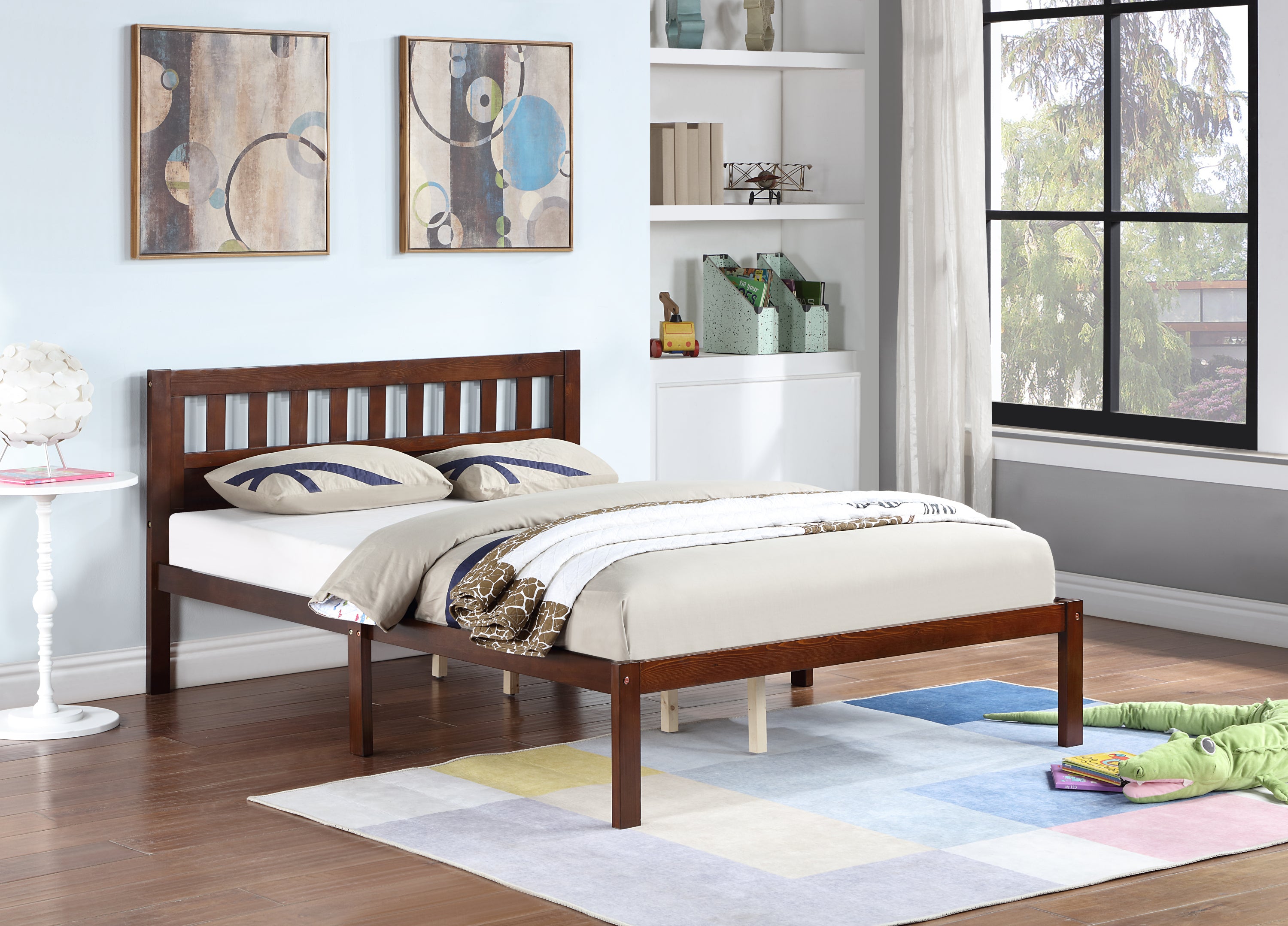 Full Size Bed, Wood Platform Bed Frame with Headboard For Kids, Slatted, Dark Walnut - Atlantic Fine Furniture Melbourne FL