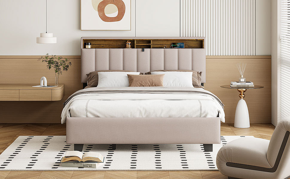 Queen size Upholstered Platform Bed with Storage Headboard, Twin XL Size Trundle & 2 drawers and a set of Sockets & USB Ports, Linen Fabric, Beige - Atlantic Fine Furniture Melbourne FL