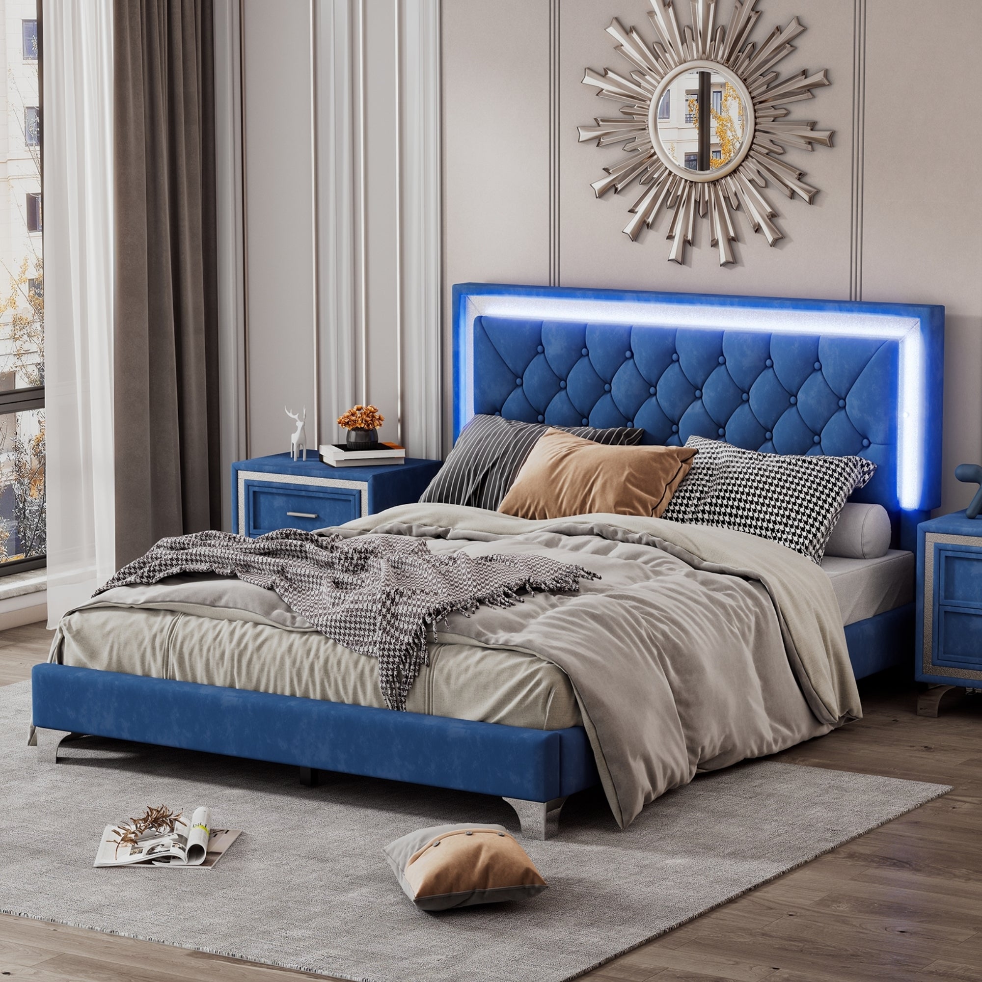 Queen Size Upholstered Bed Frame with LED Lights,Modern Velvet Platform Bed with Tufted Headboard,Blue - Atlantic Fine Furniture Melbourne FL