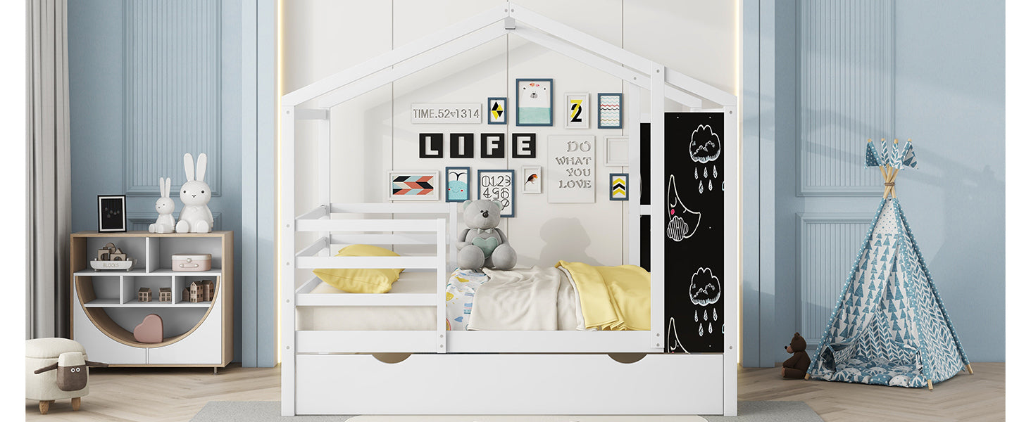 Full Size Wood House Bed with Fence and Writing Board, White - Atlantic Fine Furniture Melbourne FL