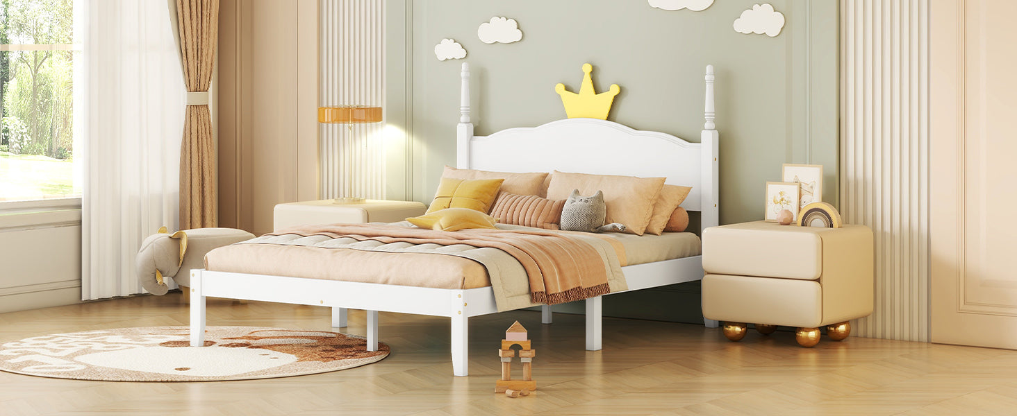 Full Size Wood Platform Bed with Crown Shaped Headboard, White - Atlantic Fine Furniture Melbourne FL
