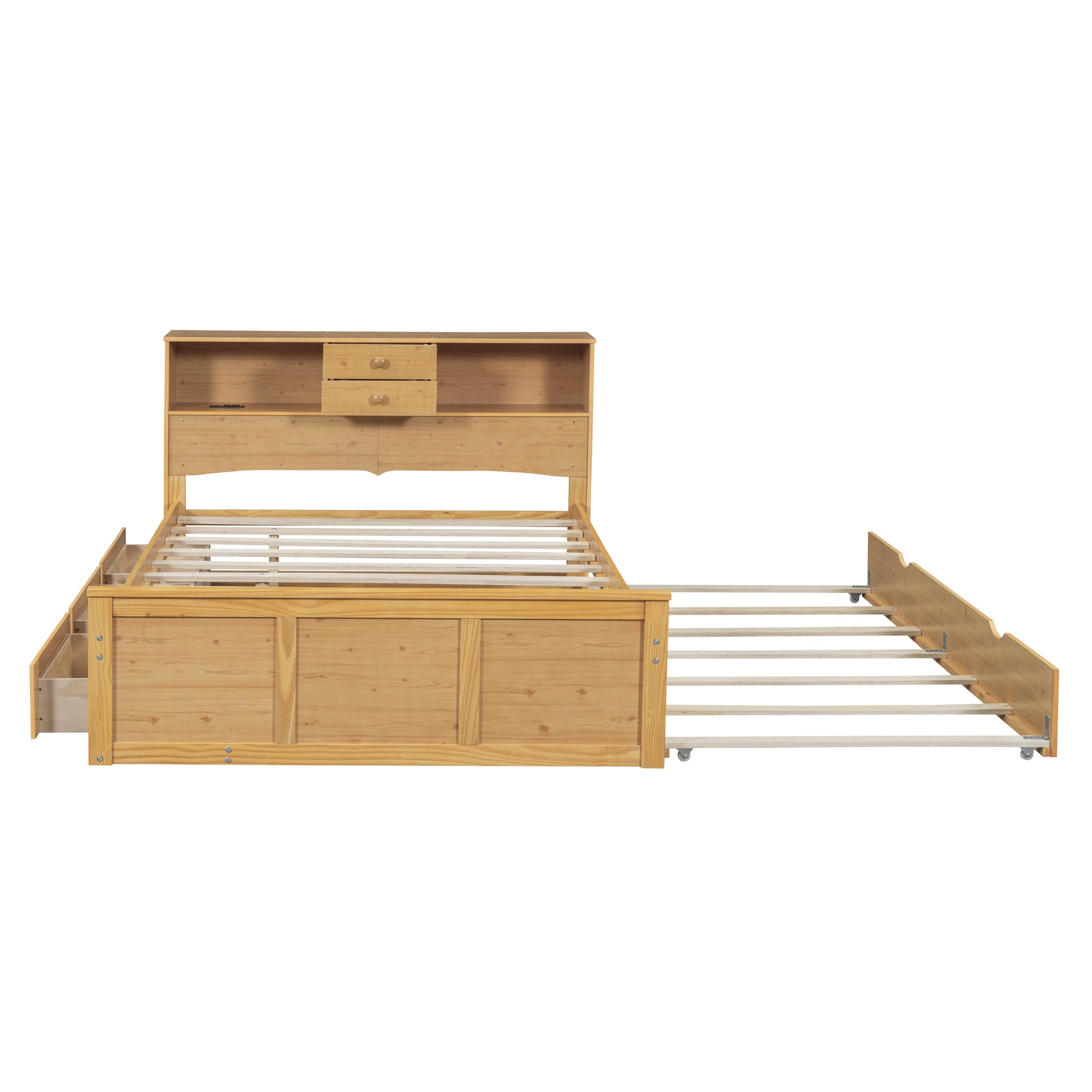 Full Size Wood Pltaform Bed with Twin Size Trundle, 3 Drawers, Upper Shelves and a set of USB Ports & Sockets, Natural - Atlantic Fine Furniture Melbourne FL
