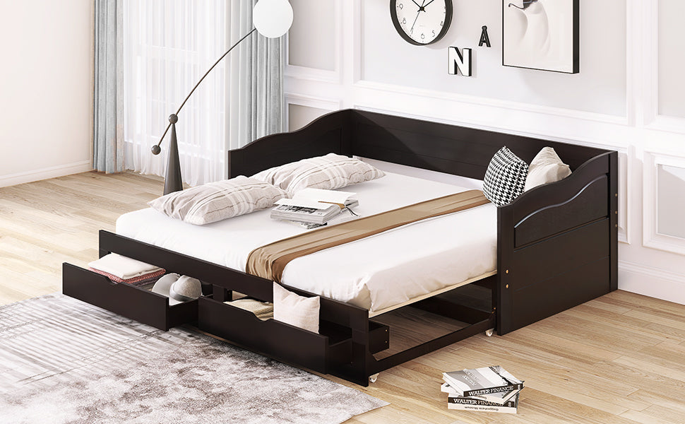 Wooden Daybed with Trundle Bed and Two Storage Drawers , Extendable Bed Daybed,Sofa Bed with Two Drawers, Espresso - Atlantic Fine Furniture Melbourne FL