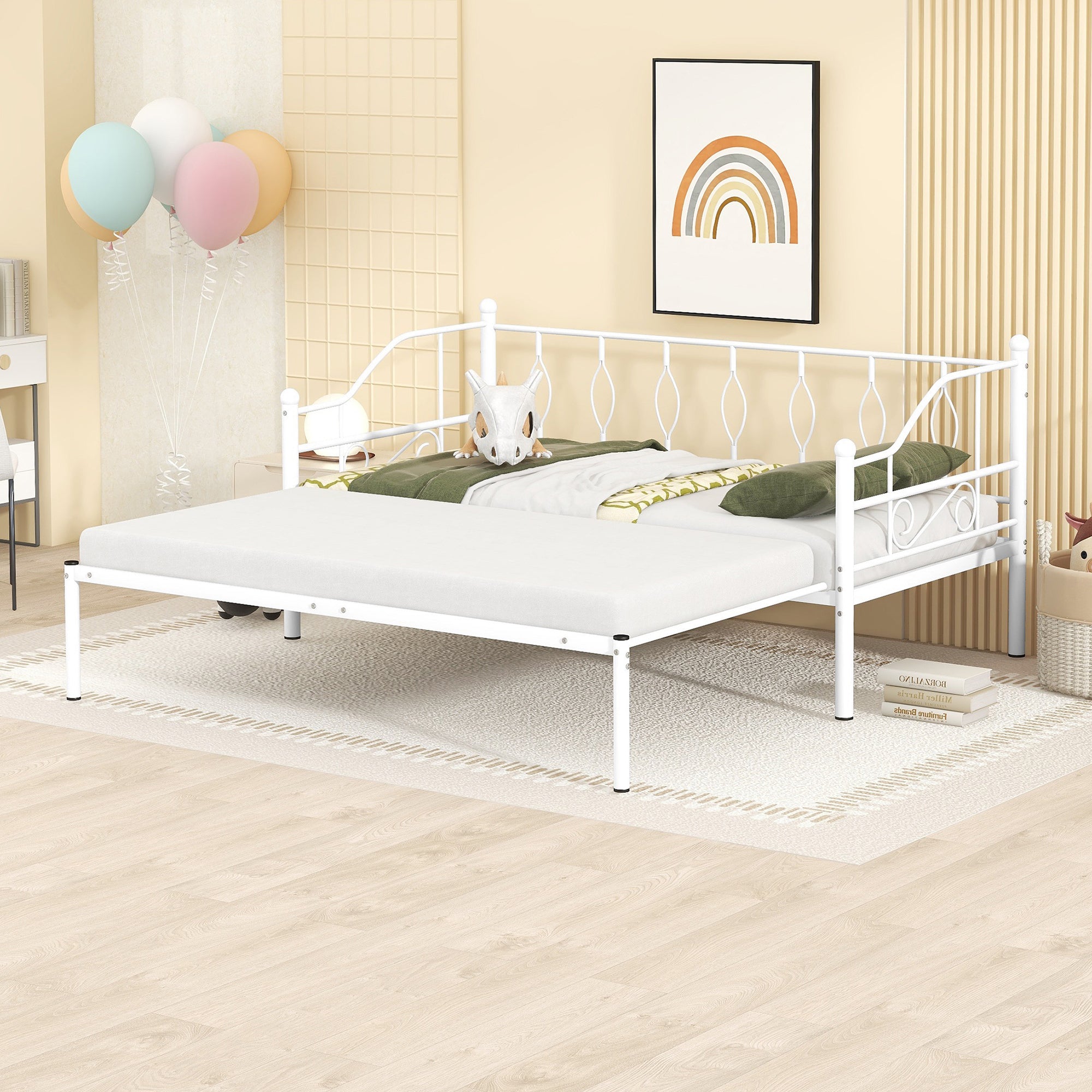 Twin Size Metal Daybed with Trundle, Daybed with Slat No Box required White - Atlantic Fine Furniture Melbourne FL