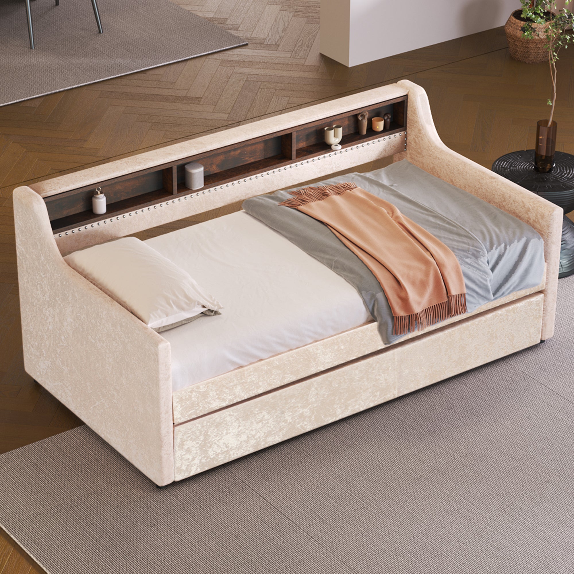Twin Size Snowflake Velvet Daybed with Trundle and Built-in Storage Shelves,Beige - Atlantic Fine Furniture Melbourne FL