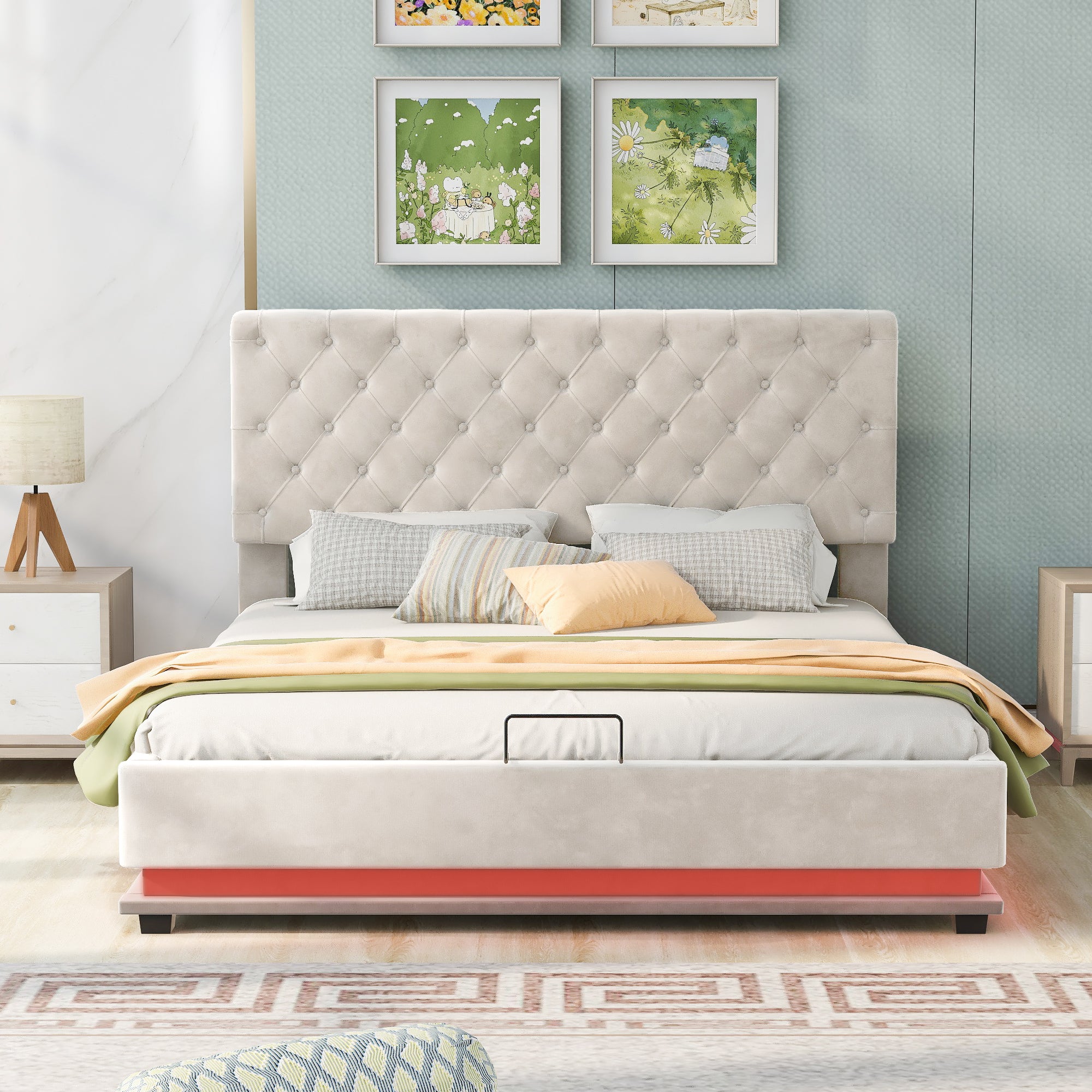 Queen Size Storage Upholstered Platform Bed with Adjustable Tufted Headboard and LED Light, Beige - Atlantic Fine Furniture Melbourne FL