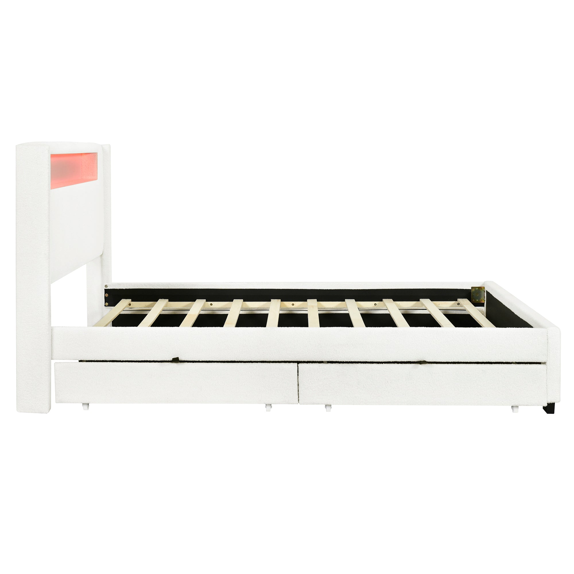 Queen Size Upholstered Platform Bed with LED Frame, with Twin XL Size Trundle and 2 drawers, Teddy Fleece, White - Atlantic Fine Furniture Melbourne FL