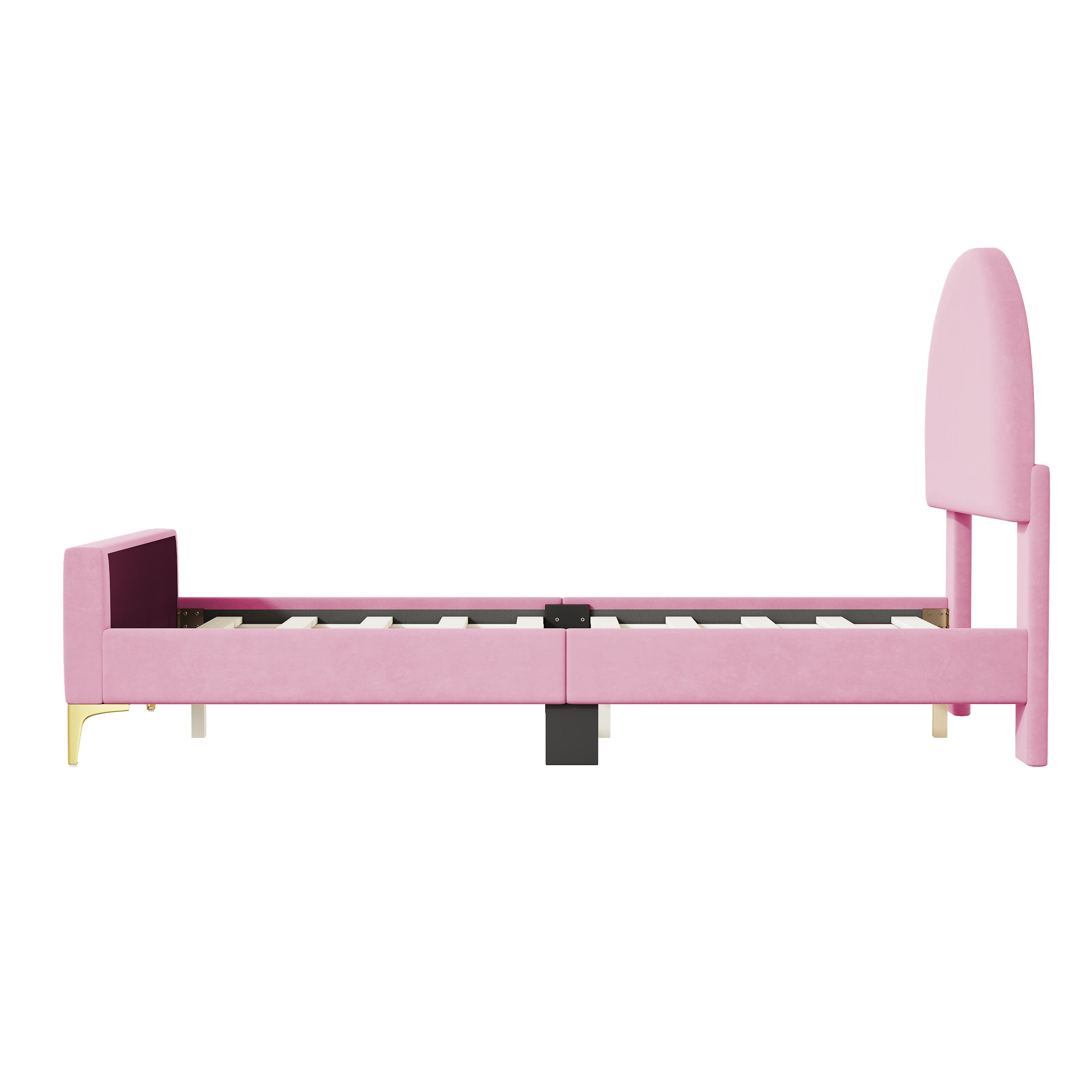 Twin Size Upholstered Platform Bed with Classic Semi-circle Shaped headboard and Mental Legs, Velvet, Pink - Atlantic Fine Furniture Melbourne FL