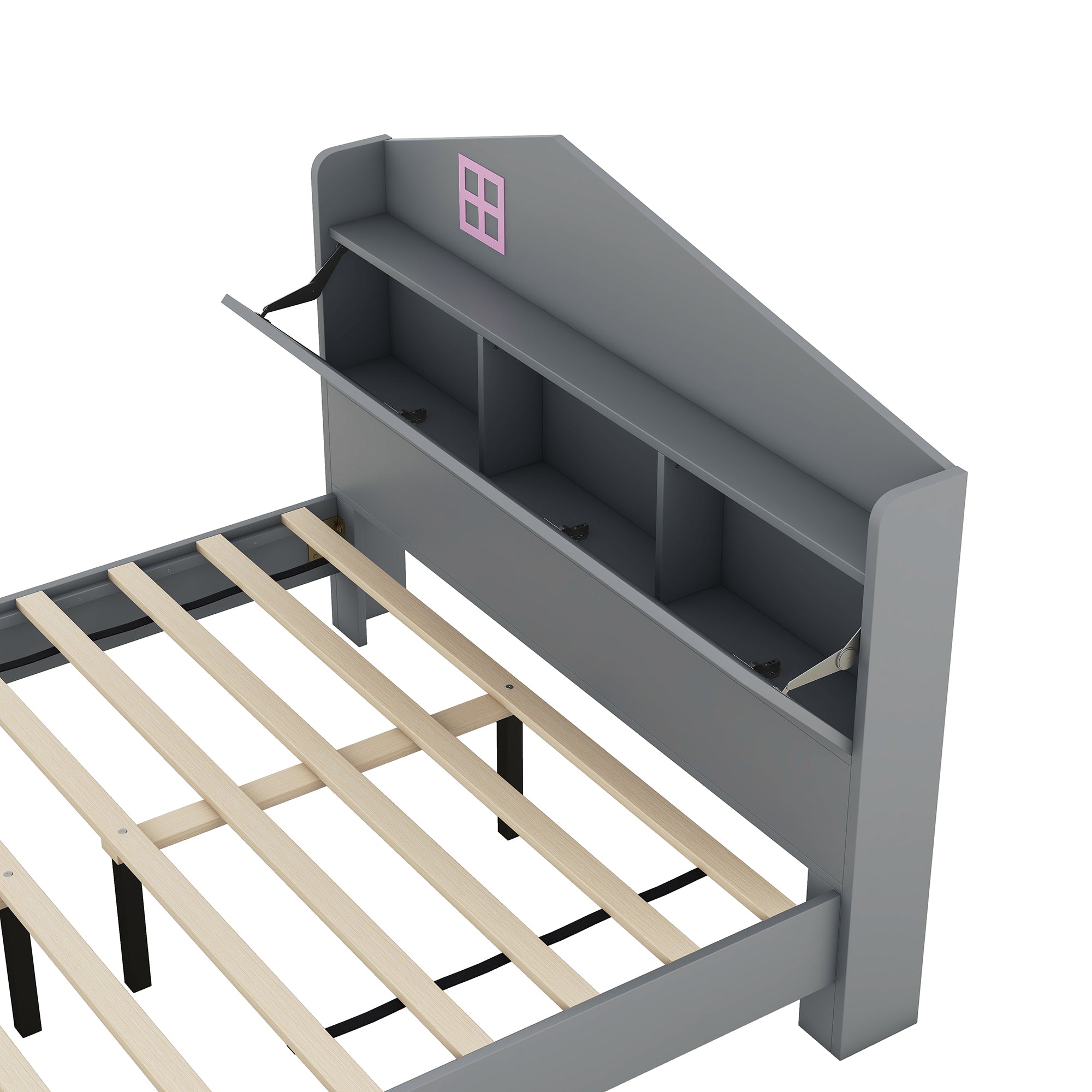 Wooden Full Size House Bed with Storage Headboard ,Kids Bed with Storage Shelf,Grey - Atlantic Fine Furniture Melbourne FL