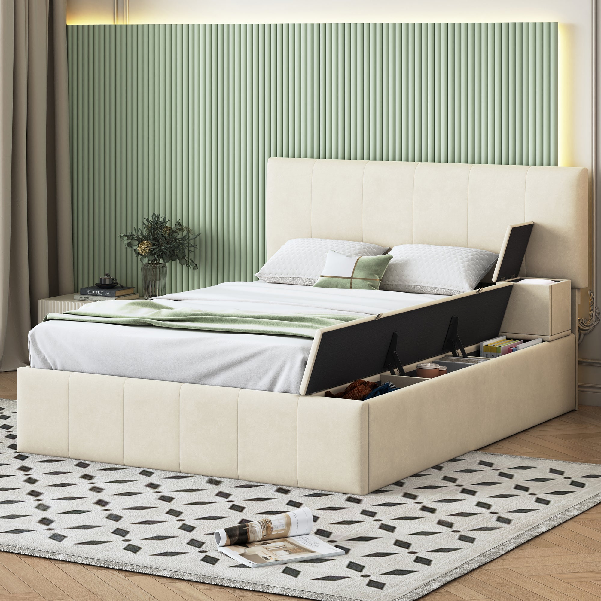 Full Size Upholstered Platform Bed with Lateral Storage Compartments and Thick Fabric, Velvet, Beige - Atlantic Fine Furniture Melbourne FL