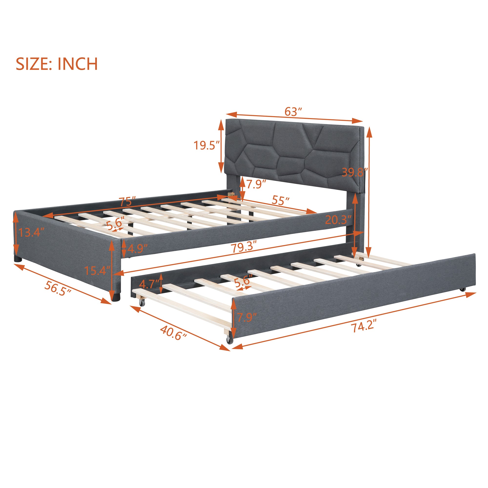 Full Size Upholstered Platform Bed with Brick Pattern Headboard and Twin Size Trundle, Linen Fabric, Gray - Atlantic Fine Furniture Melbourne FL