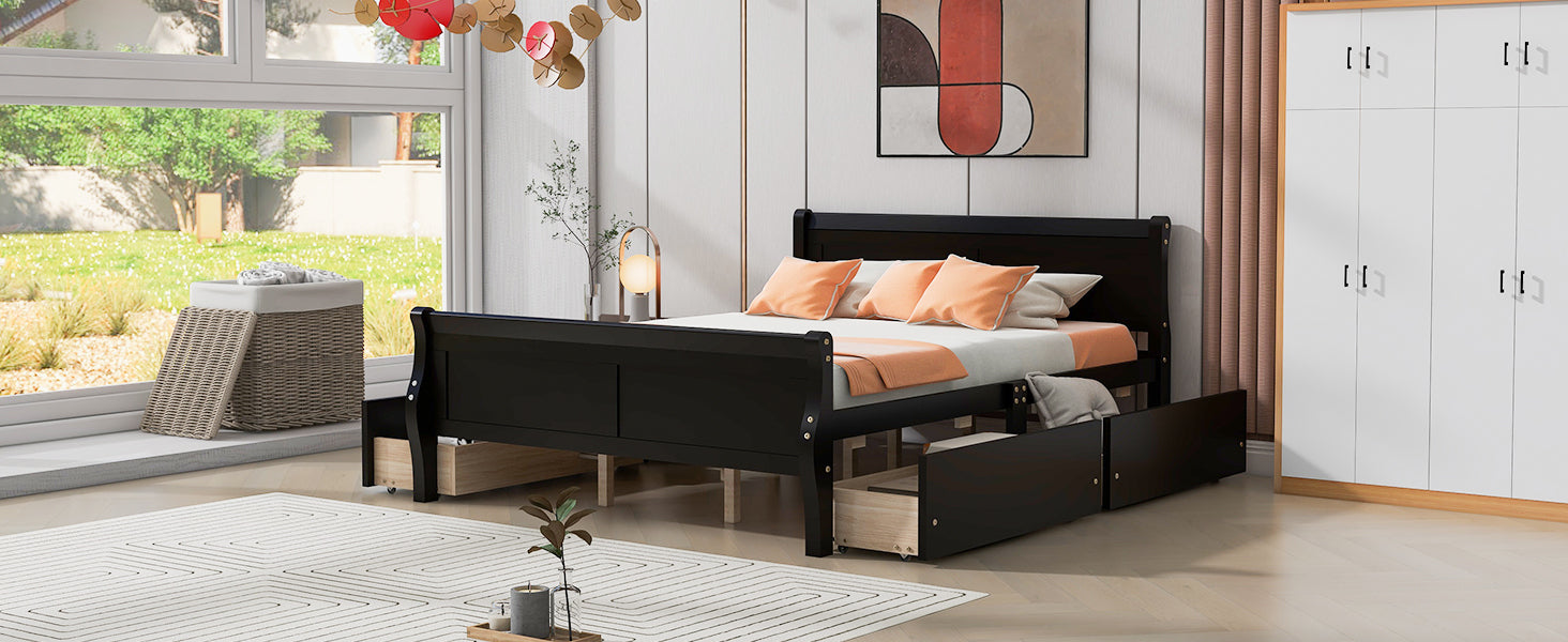 Queen Size Wood Platform Bed with 4 Drawers and Streamlined Headboard & Footboard, Espresso - Atlantic Fine Furniture Melbourne FL