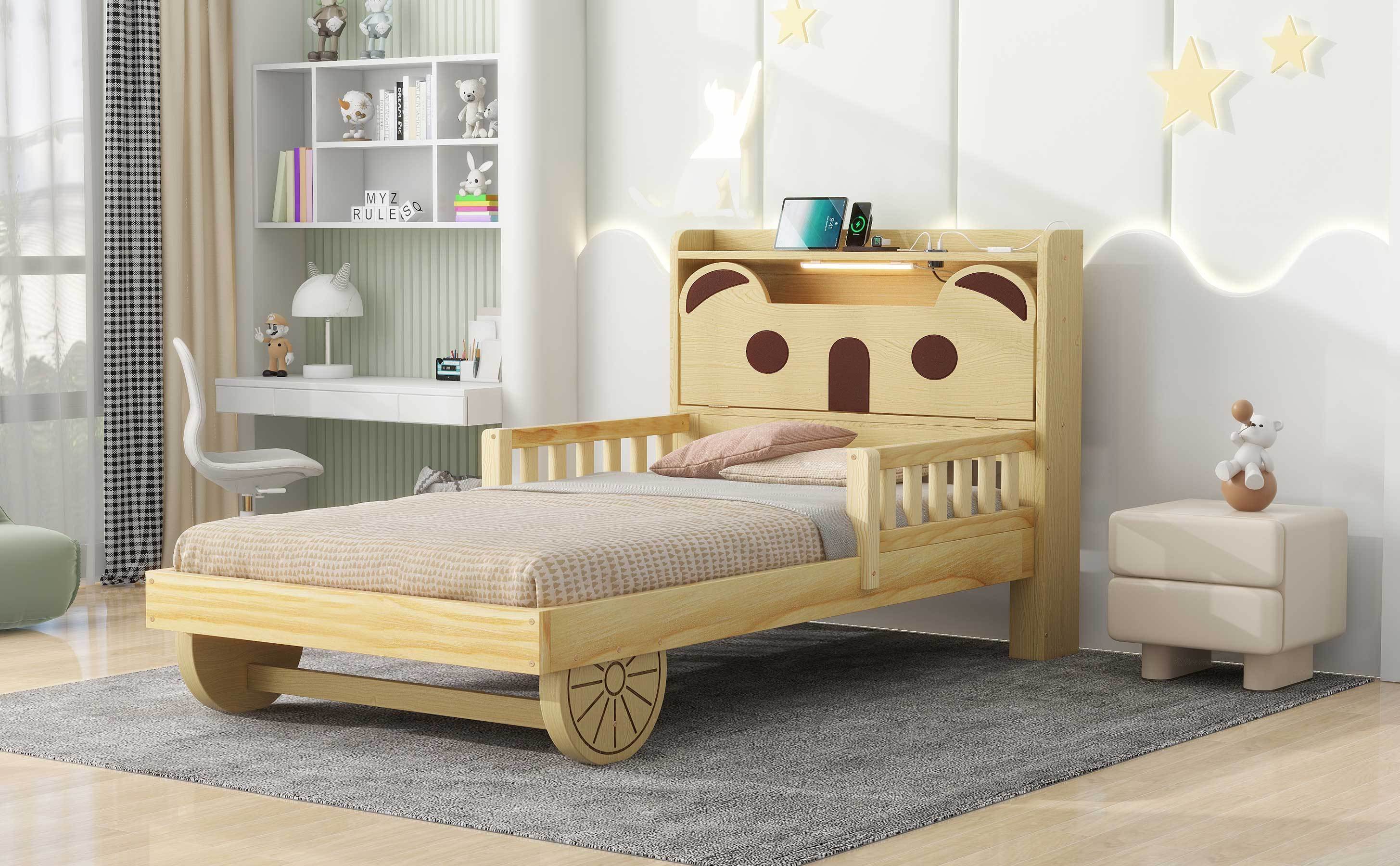 Twin Size Car Bed with Bear-Shaped Headboard, USB and LED, Natural - Atlantic Fine Furniture Melbourne FL