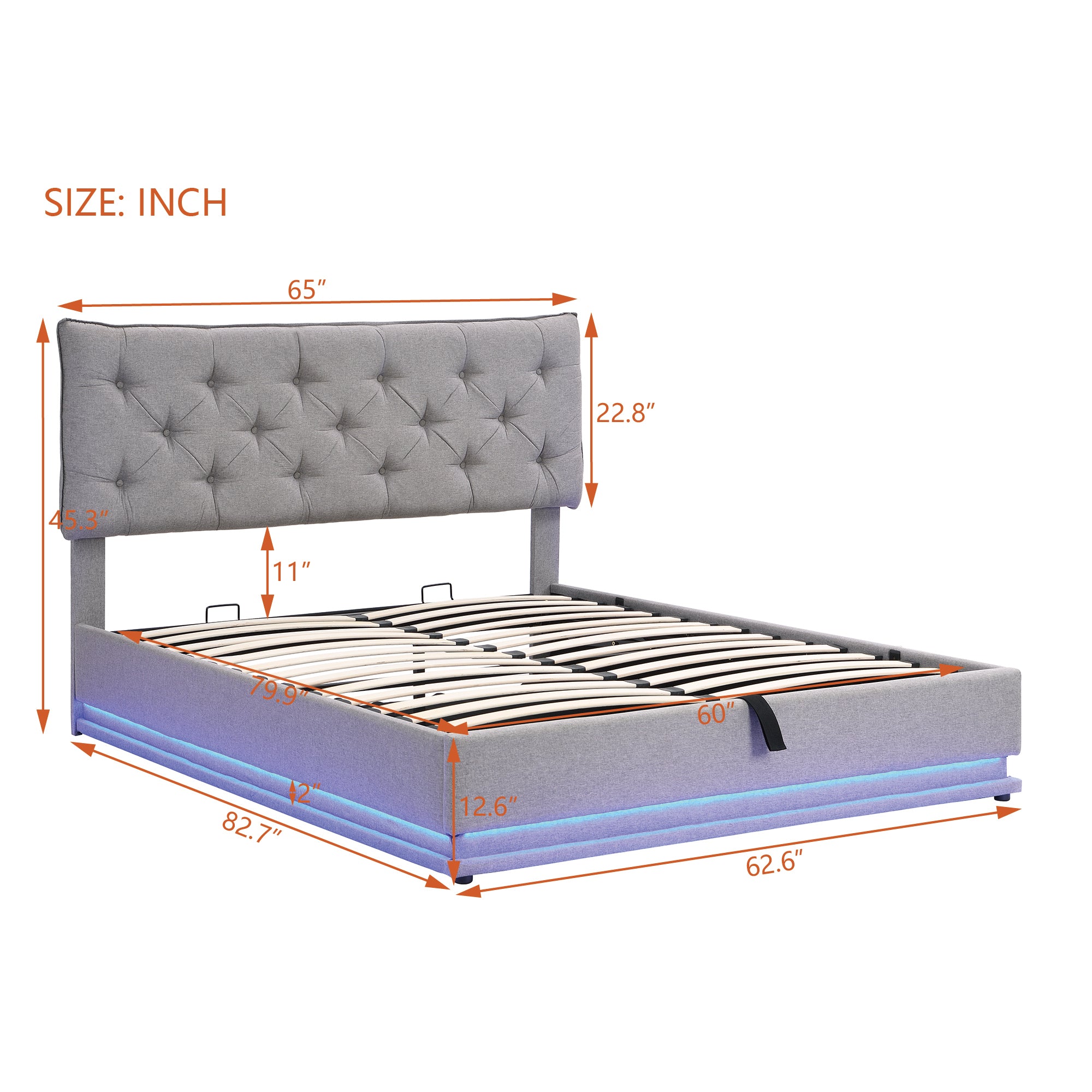 Queen Size Upholstered Bed with Hydraulic Storage System and LED Light, Modern Platform Bed with Button-tufted Design Headboard, Gray - Atlantic Fine Furniture Melbourne FL