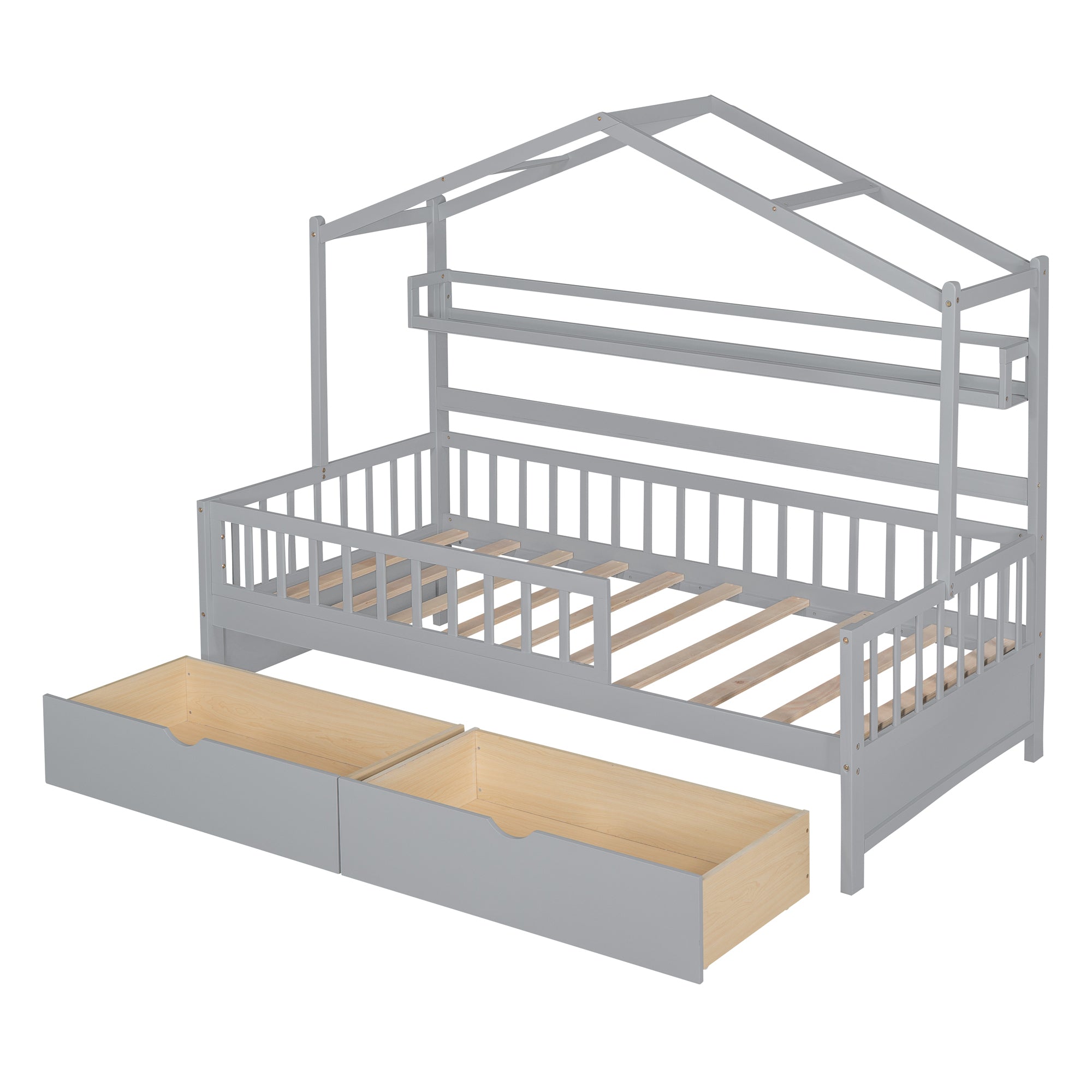 Wooden Twin Size House Bed with 2 Drawers,Kids Bed with Storage Shelf, Gray - Atlantic Fine Furniture Melbourne FL