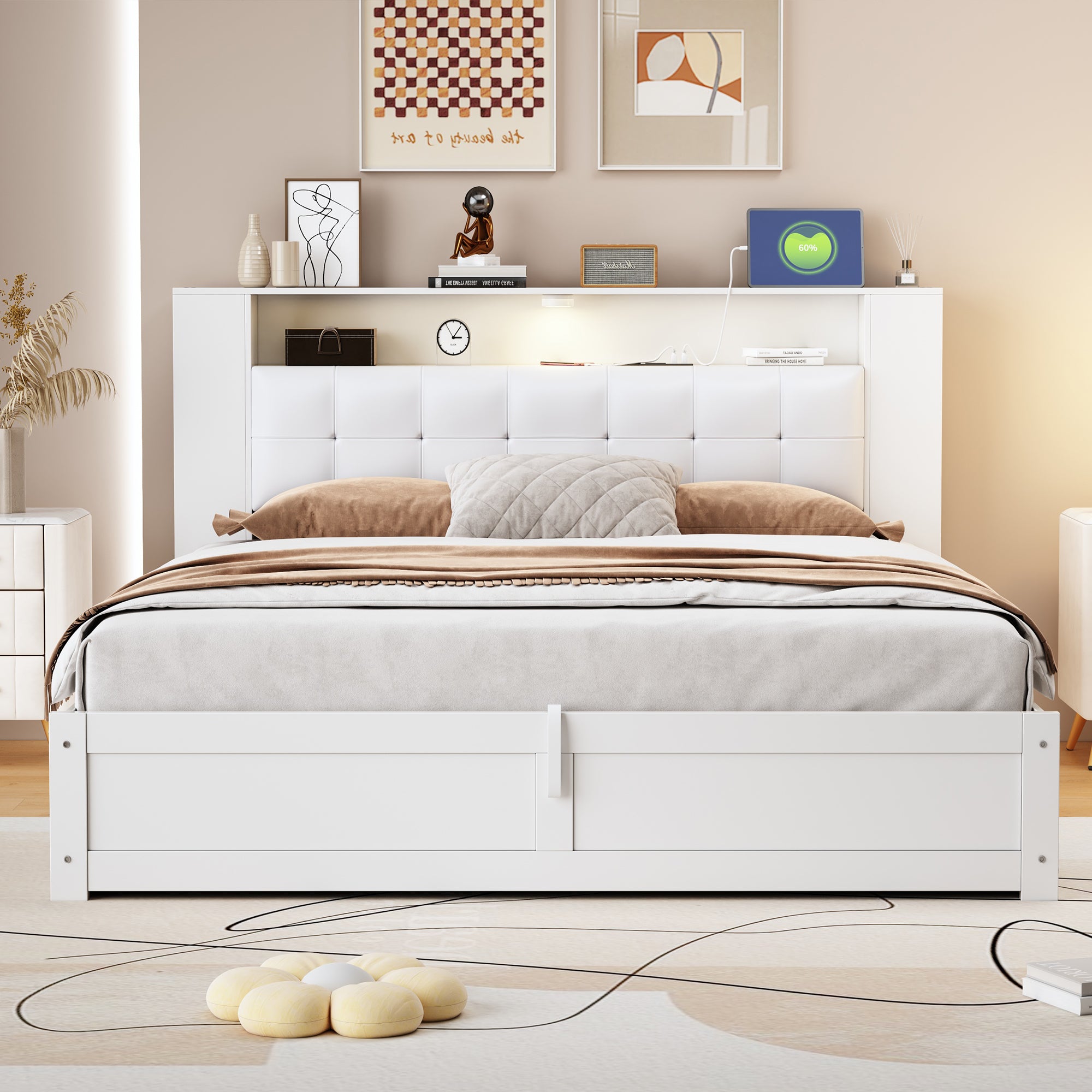 Queen Size Tufted Upholstered Platform Bed with Storage Headboard and Hydraulic Storage System, Modern PU Storage Bed with Motion Activated Night Lights and USB Charger,White