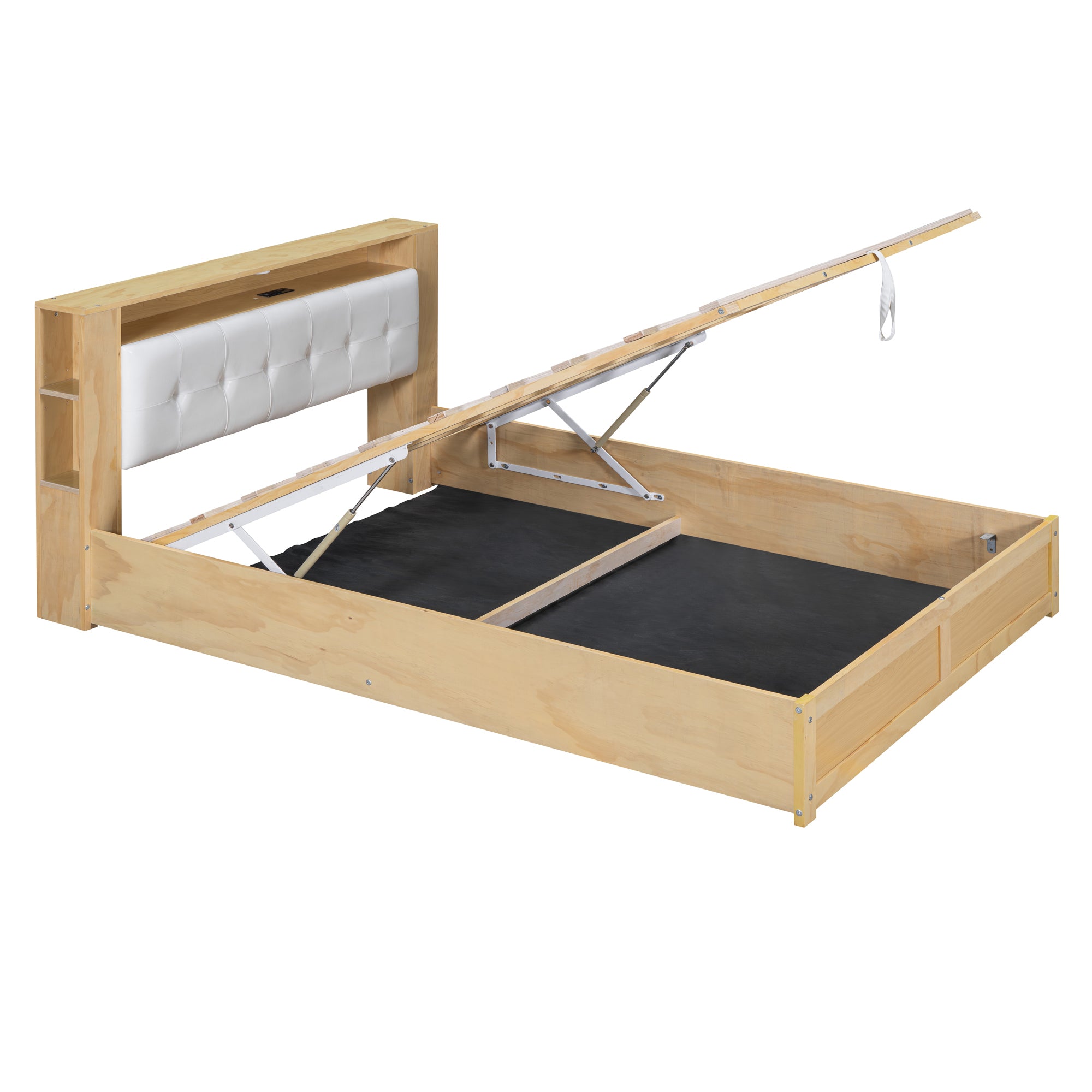 Queen Size Tufted Upholstered Platform Bed with Storage Headboard and Hydraulic Storage System, Modern PU Storage Bed with Motion Activated Night Lights and USB Charger,Natural