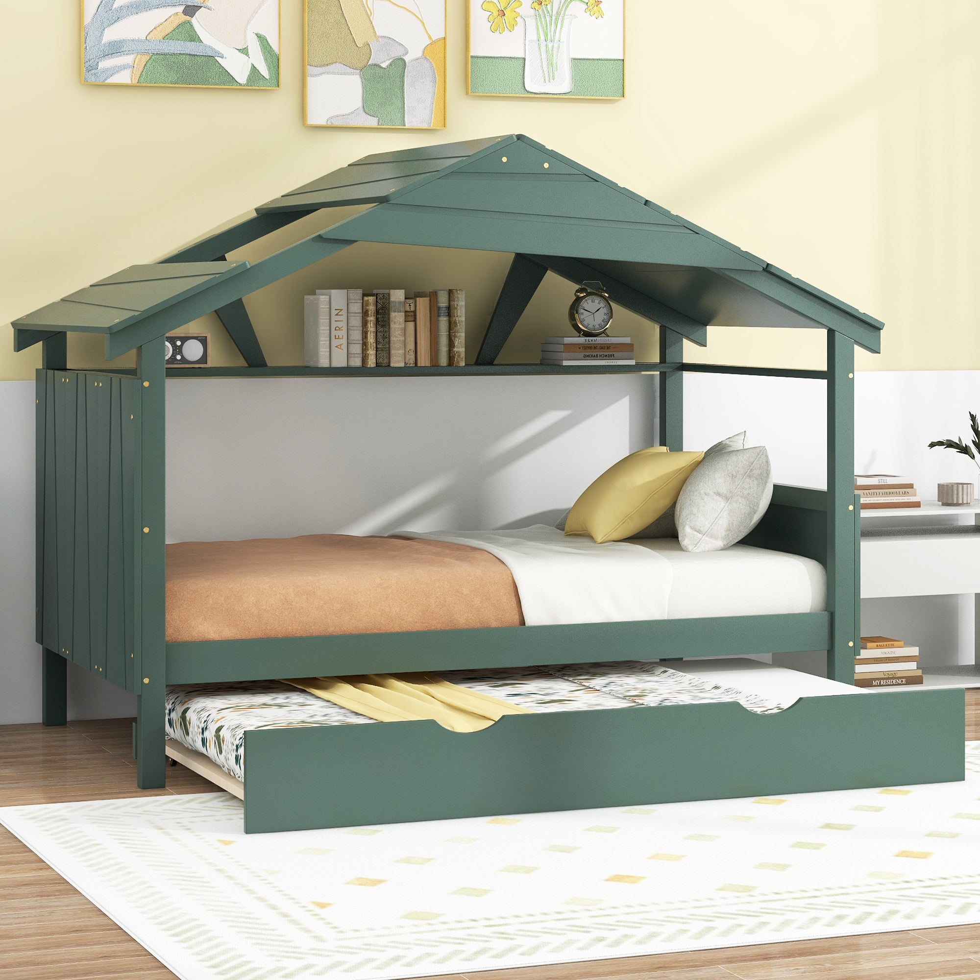 Wood Twin Size House Bed with Trundle and Storage, Green - Atlantic Fine Furniture Melbourne FL
