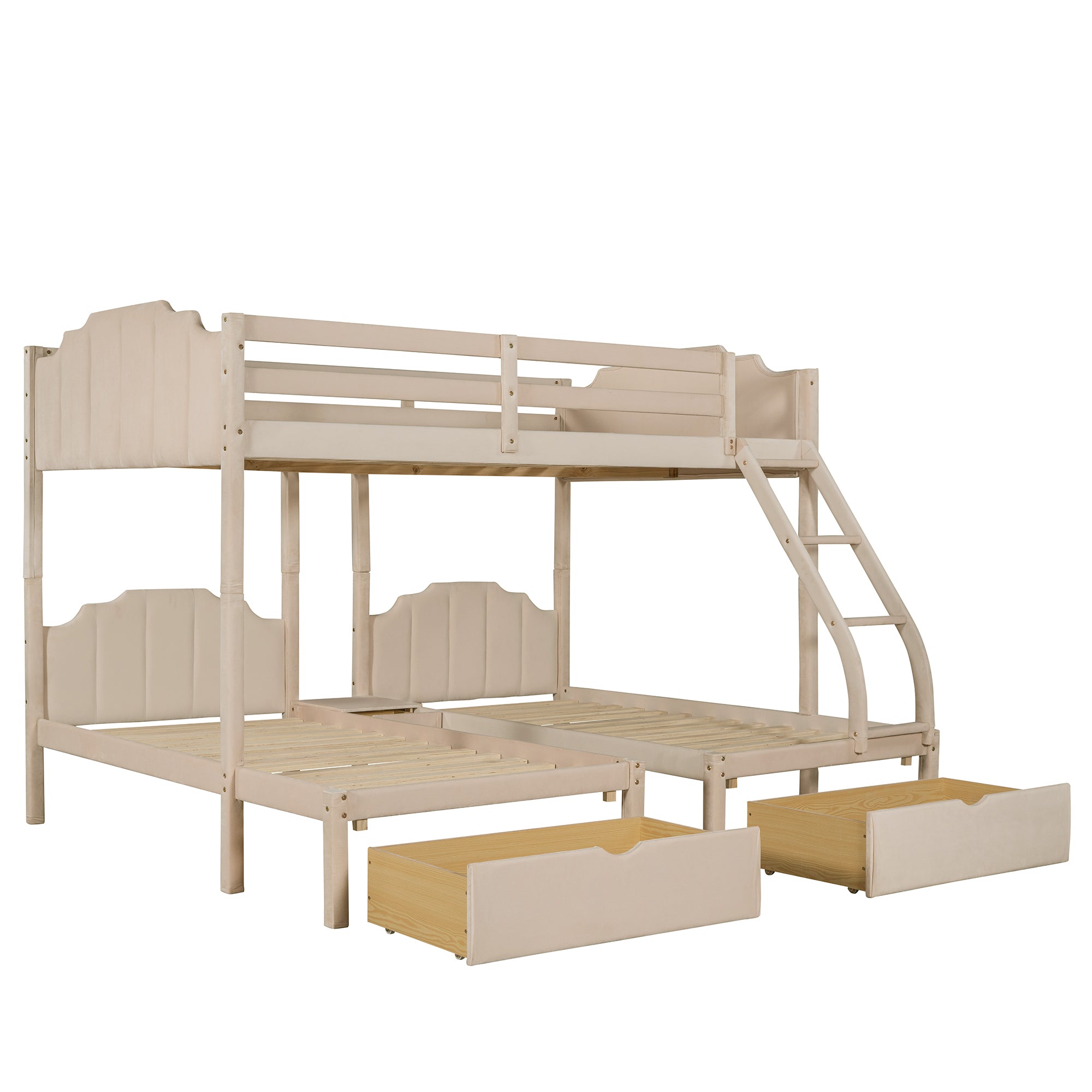 Full Over Twin & Twin Bunk Bed, Velvet Triple Bunk Bed with Drawers and Guardrails, Beige - Atlantic Fine Furniture Melbourne FL