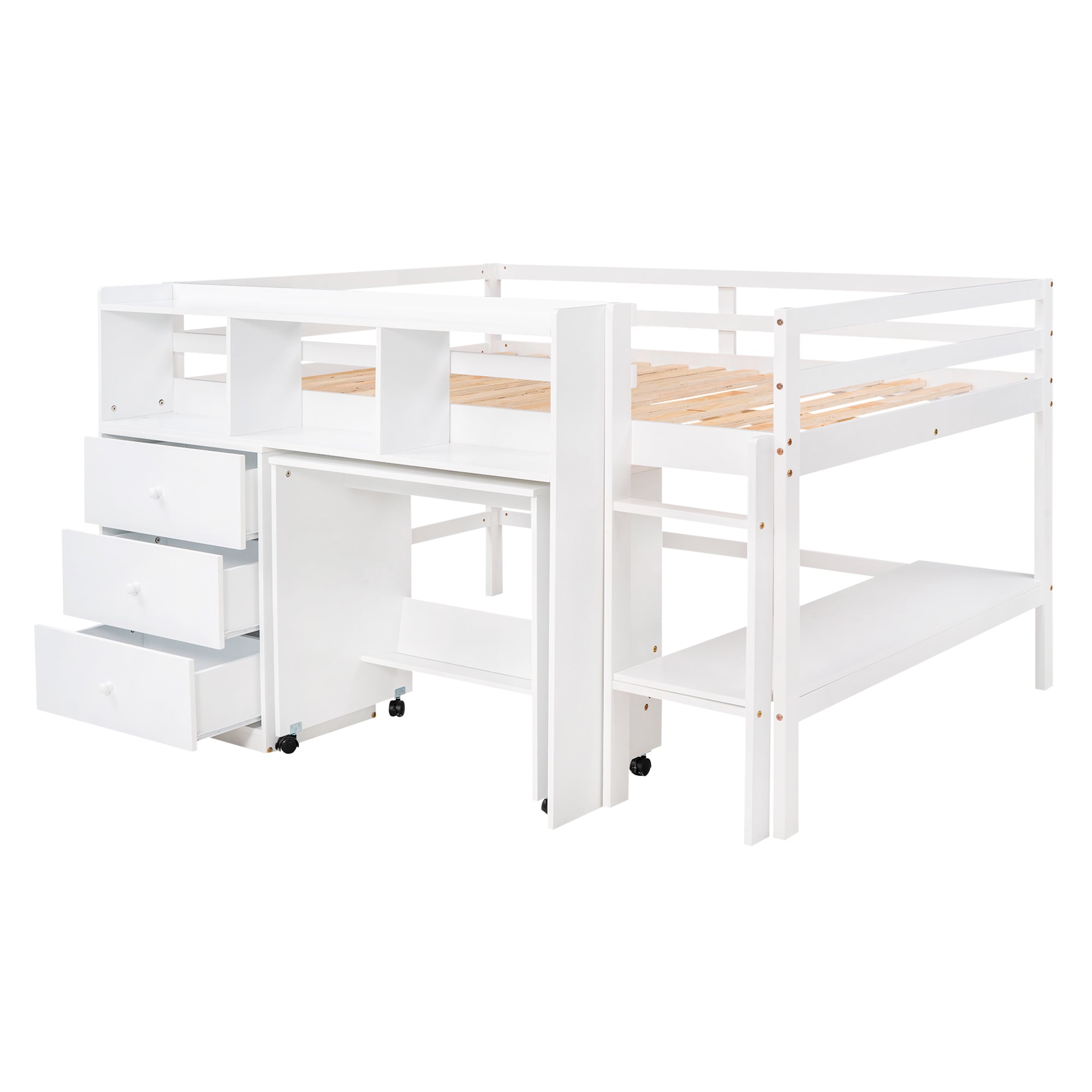Full Size Low Loft Bed with Rolling Portable Desk, Drawers and Shelves, White(Old SKU: GX000711AAK)