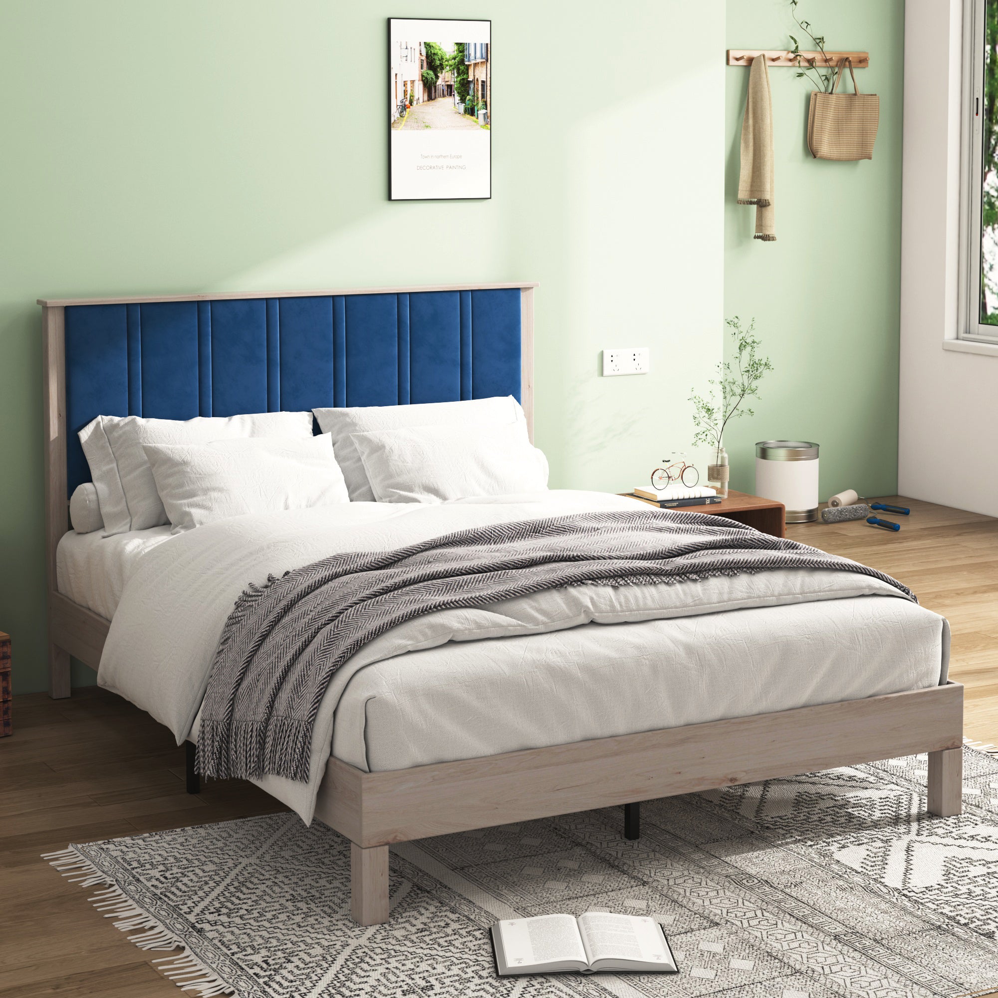 King Bed Frame, Wood with Wood Headboard Bed Frame with upholstered headboard / Wood Foundation with Wood Slat Support / No Box Spring Needed / Easy Assembly