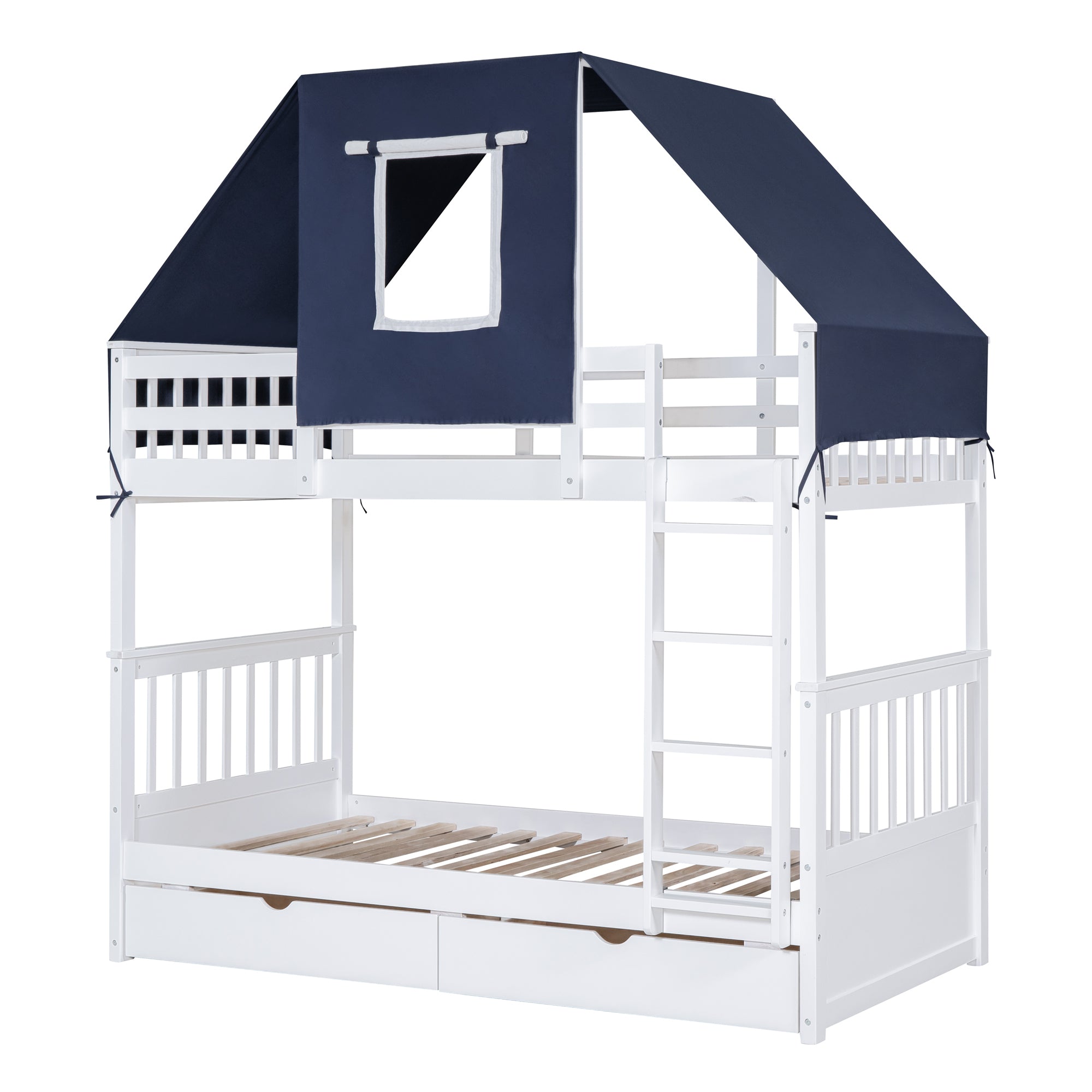 Twin Over Twin Bunk Bed Wood Bed with Tent and Drawers, White+Blue Tent - Atlantic Fine Furniture Melbourne FL