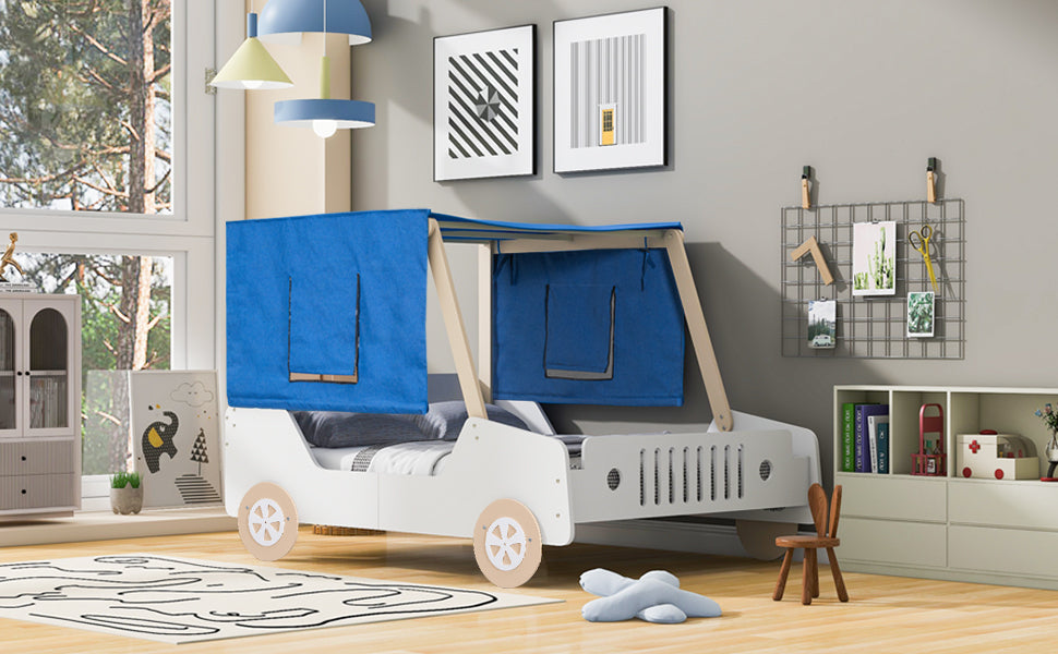 Full Size Car Shaped Bed with Tents,White+Natural - Atlantic Fine Furniture Melbourne FL