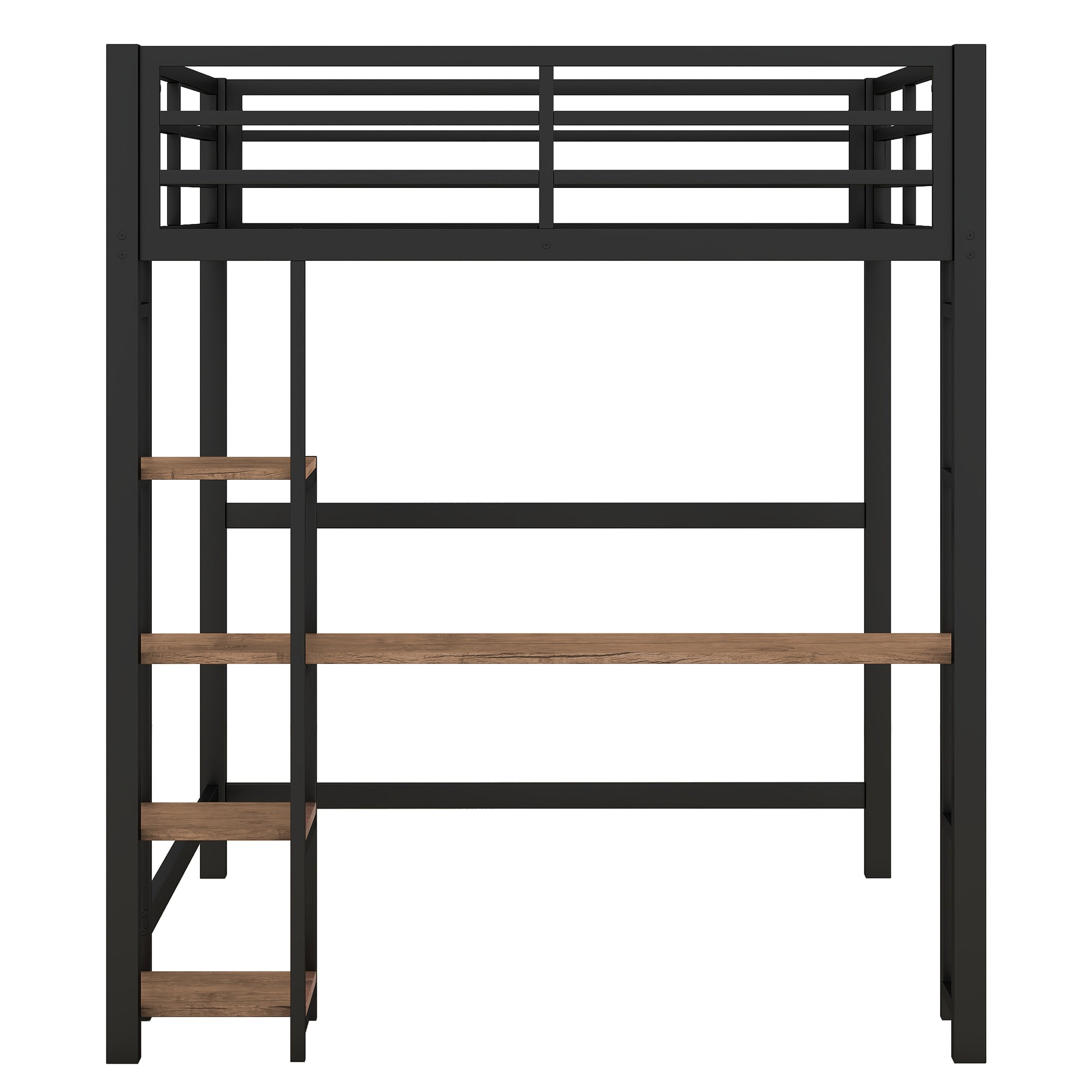 Full Size Metal Loft Bed with Built-in Desk and Storage Shelves, Black