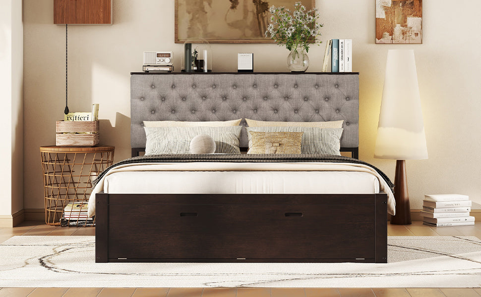 Wood Queen Size Platform Bed with Storage Headboard, shoe rack and 4 drawers,Espresso - Atlantic Fine Furniture Melbourne FL