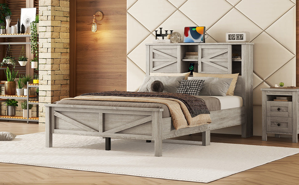 Farmhouse Platform Bed with Double Sliding Barn Door, Full Size Rustic Wood Bed with
Charging Station, Wood Slats Support, Antique Gray - Atlantic Fine Furniture Melbourne FL