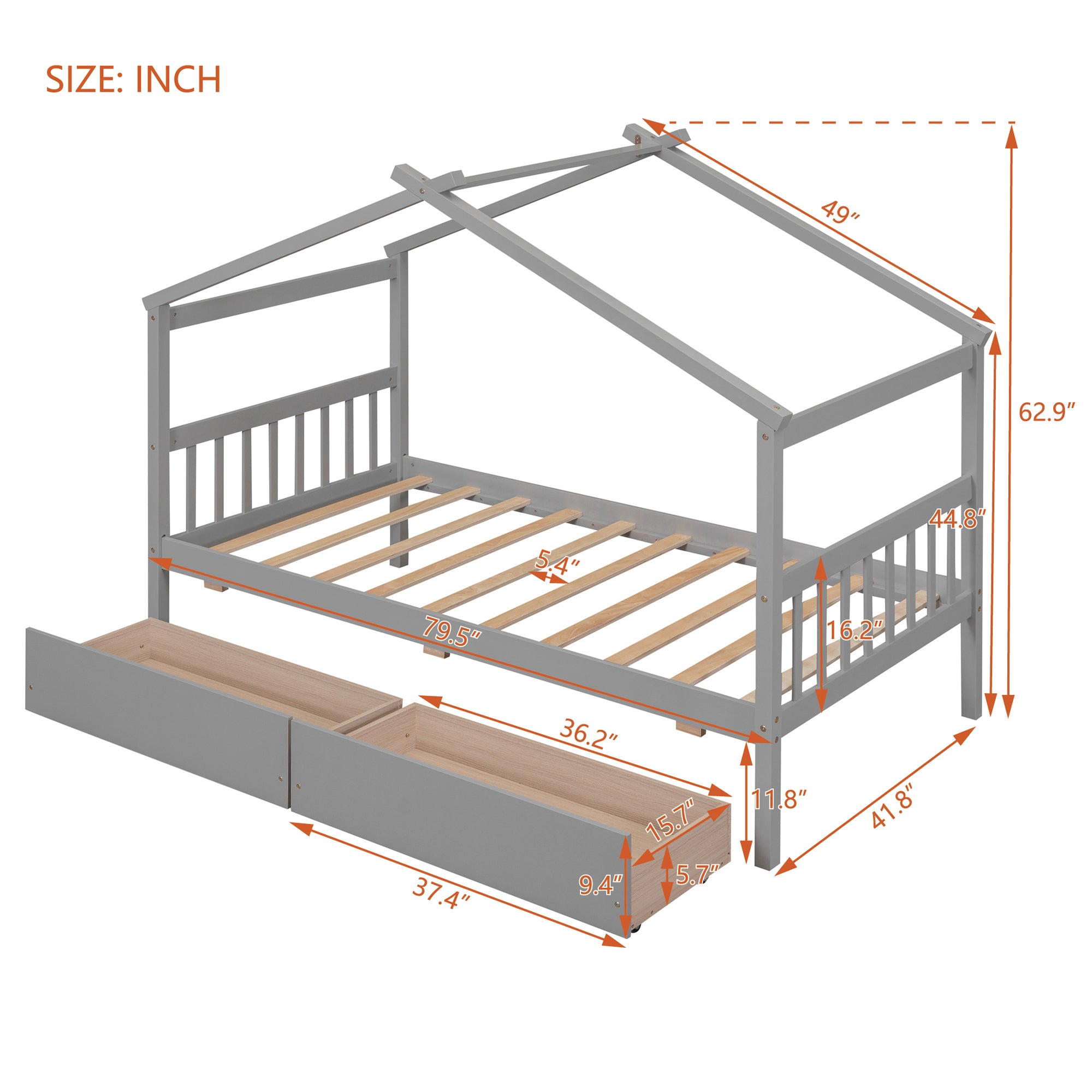 Twin Size Wooden House Bed with Drawers, Gray - Atlantic Fine Furniture Melbourne FL