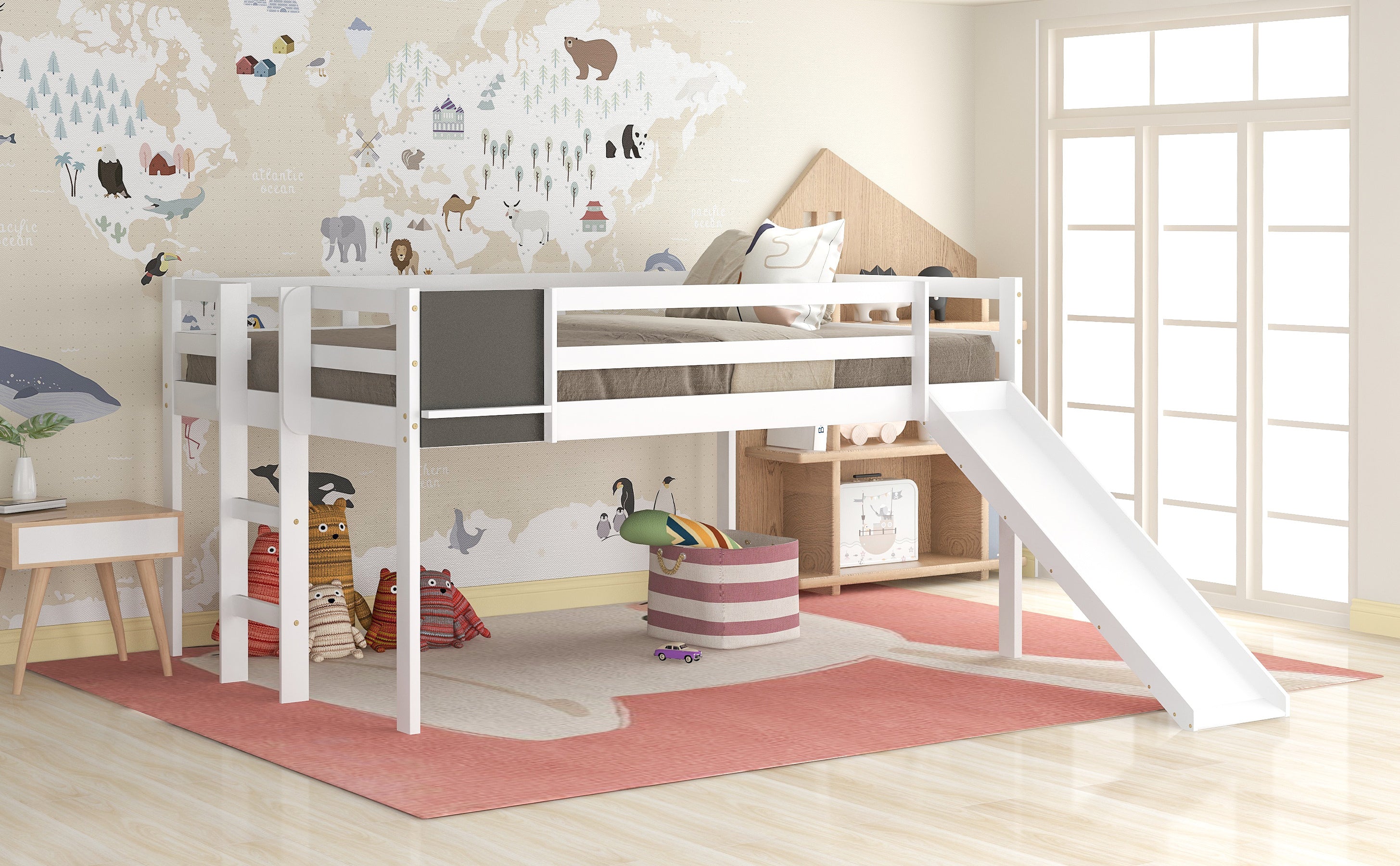 Full size Loft Bed Wood Bed with Slide, Stair and Chalkboard,White(Old SKU:WF282116AAK) - Atlantic Fine Furniture Melbourne FL