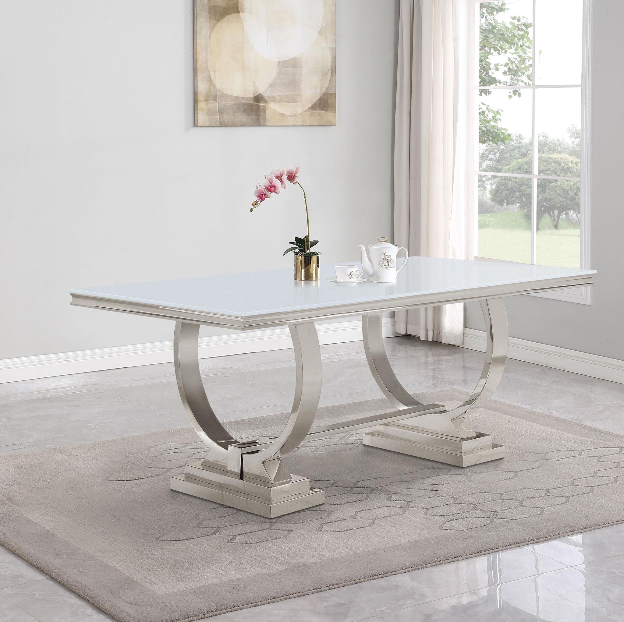 Antoine Rectangular 95-inch Glass Top Dining Table White