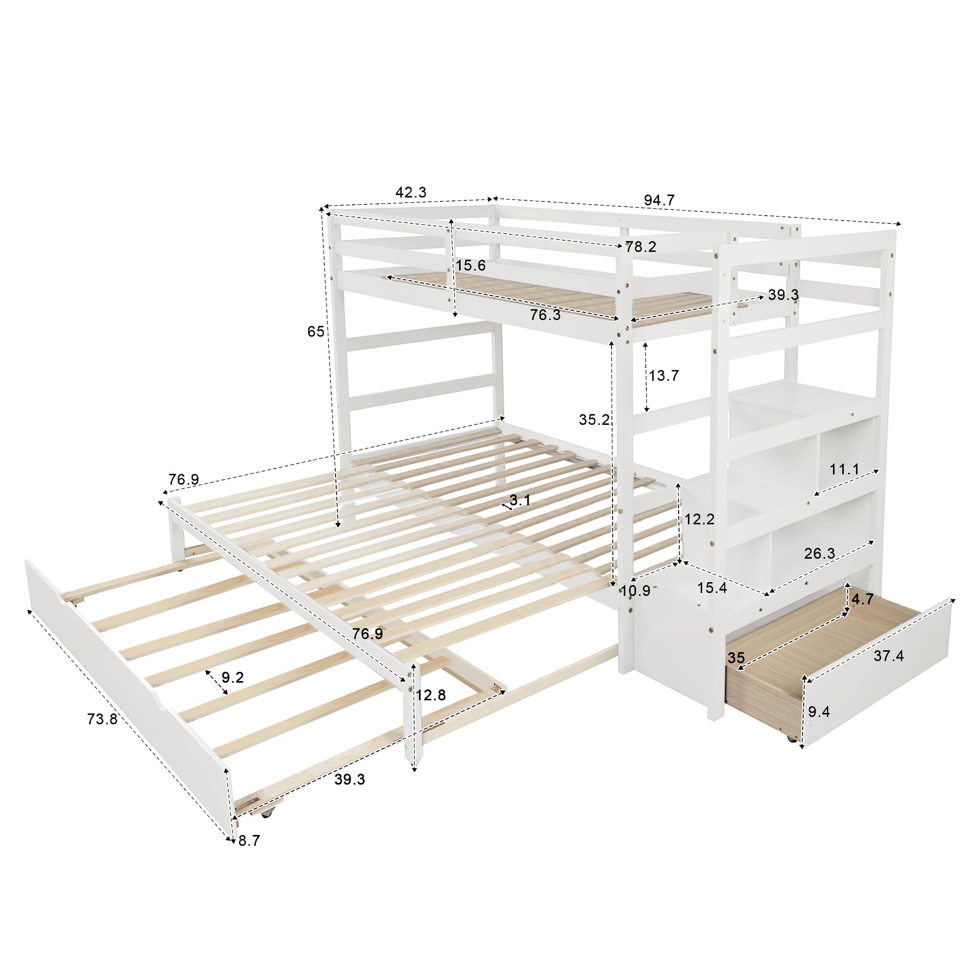 Twin over Twin/King (Irregular King Size) Bunk Bed with Twin Size Trundle, Extendable Bunk Bed (White)(OLD SKU :LP000032AAK) - Atlantic Fine Furniture Melbourne FL