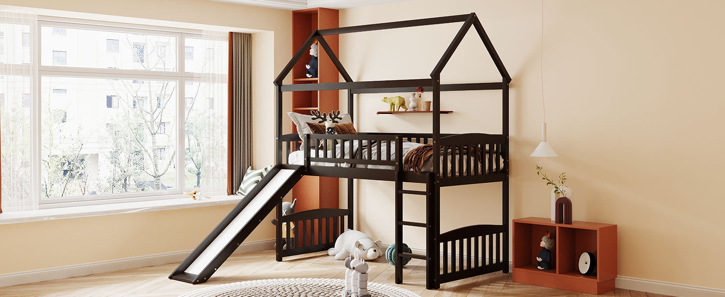 Twin Loft Bed with Slide, House Bed with Slide,Espresso(OLD SKU :LT000212AAP) - Atlantic Fine Furniture Melbourne FL
