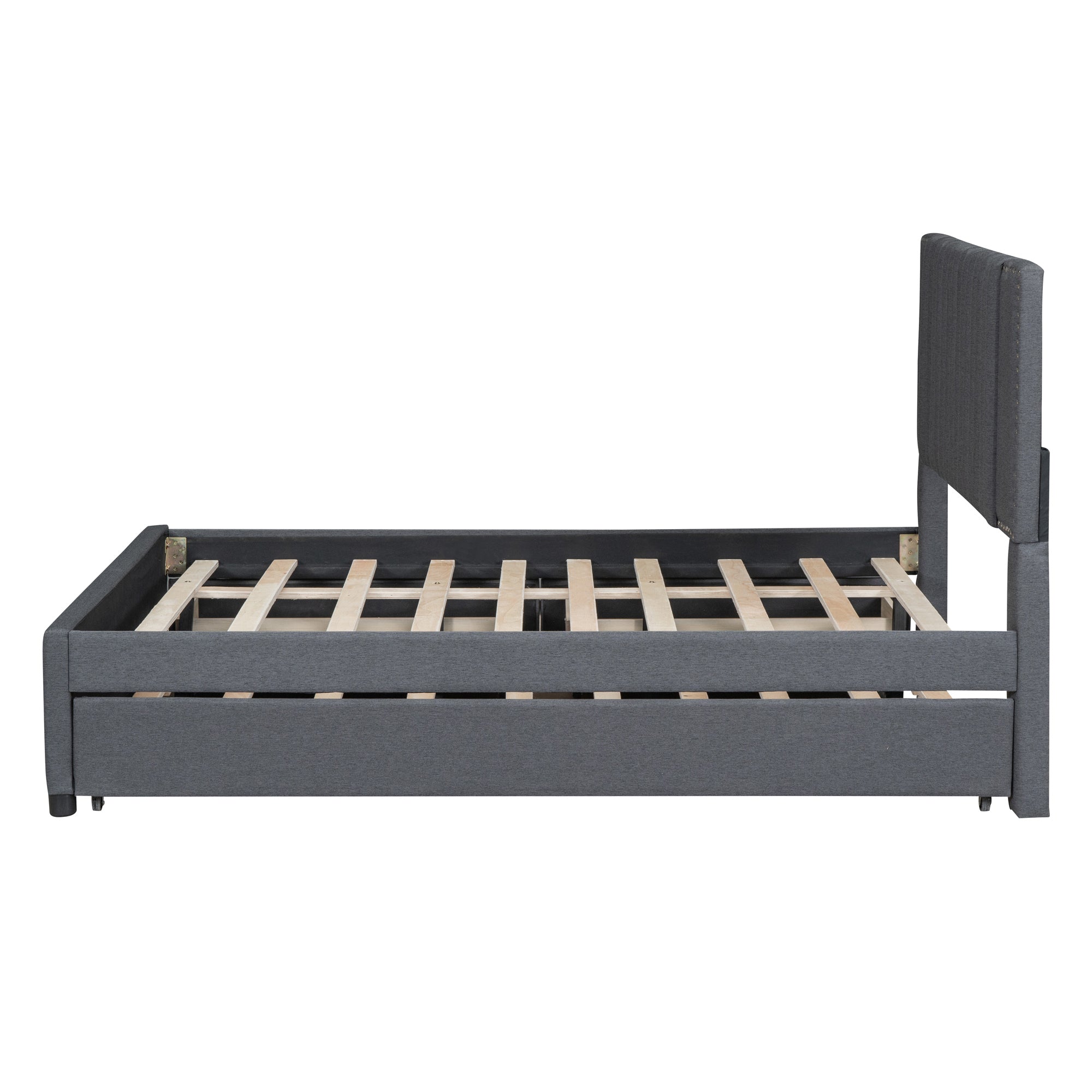 Full Size Upholstered Platform Bed with 2 Drawers and 1 Twin Size Trundle, Classic Headboard Design, Gray - Atlantic Fine Furniture Melbourne FL