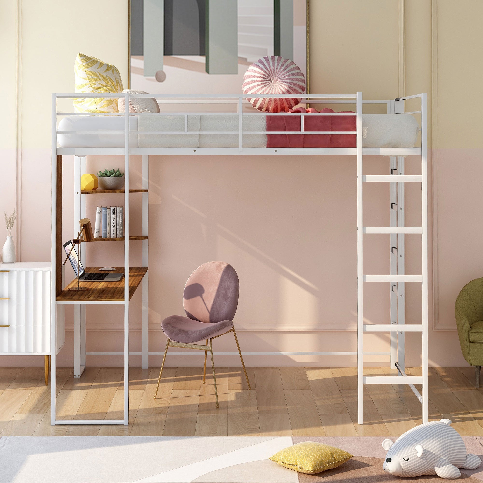 Full Size Metal Loft Bed with 2 Shelves and one Desk ,White (Old SKU: LP000191AAK ) - Atlantic Fine Furniture Melbourne FL