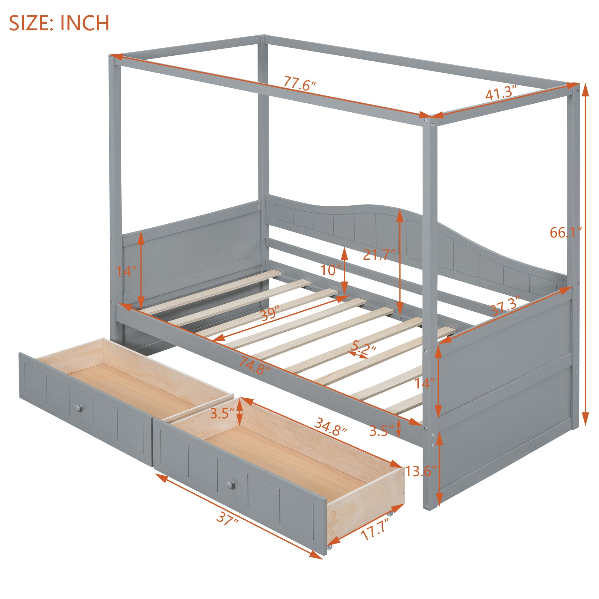 Twin Size Canopy Day Bed with 2 Drawers, Gray - Atlantic Fine Furniture Melbourne FL
