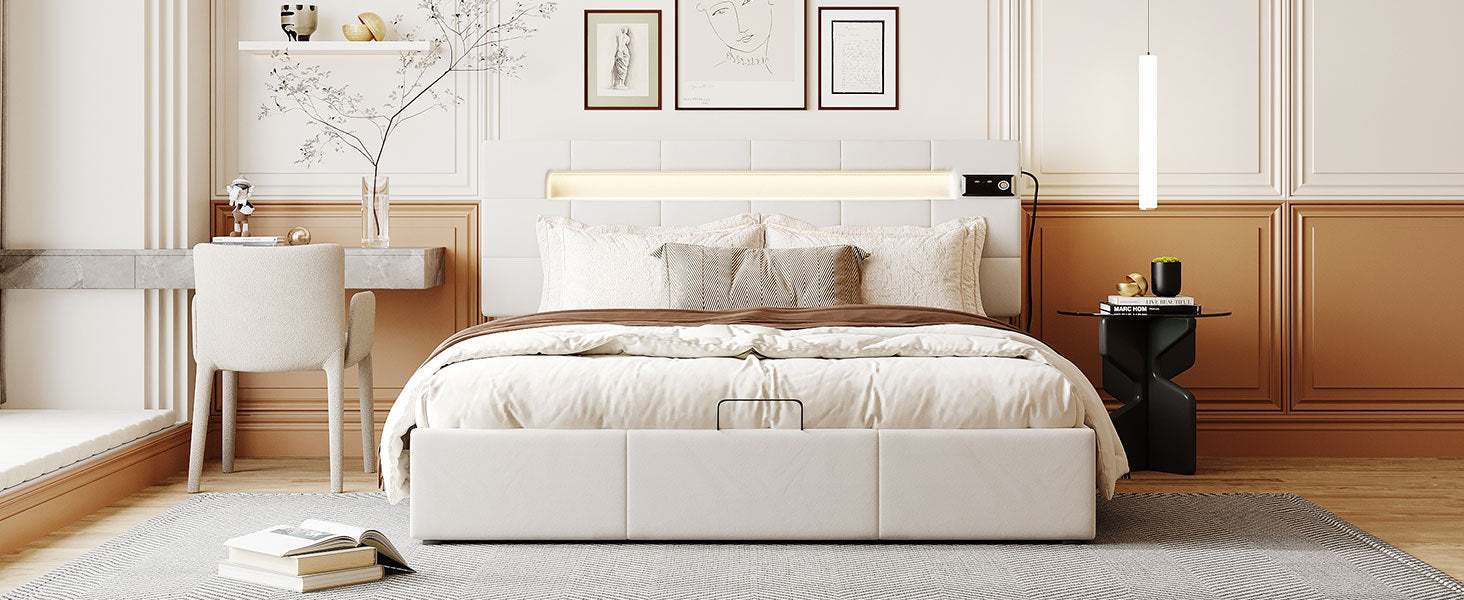 Queen Size Upholstered Bed with LED Light and Integrated Bluetooth Audio System, Modern Platform Bed with Hydraulic Storage System and USB Port, Velvet , Beige - Atlantic Fine Furniture Melbourne FL