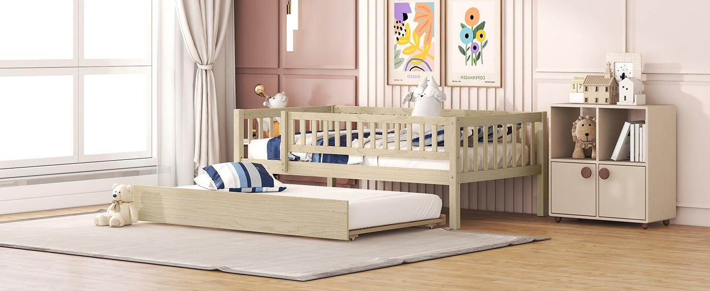 Twin Size Wood Daybed with Trundle and Fence Guardrails, Natural - Atlantic Fine Furniture Melbourne FL