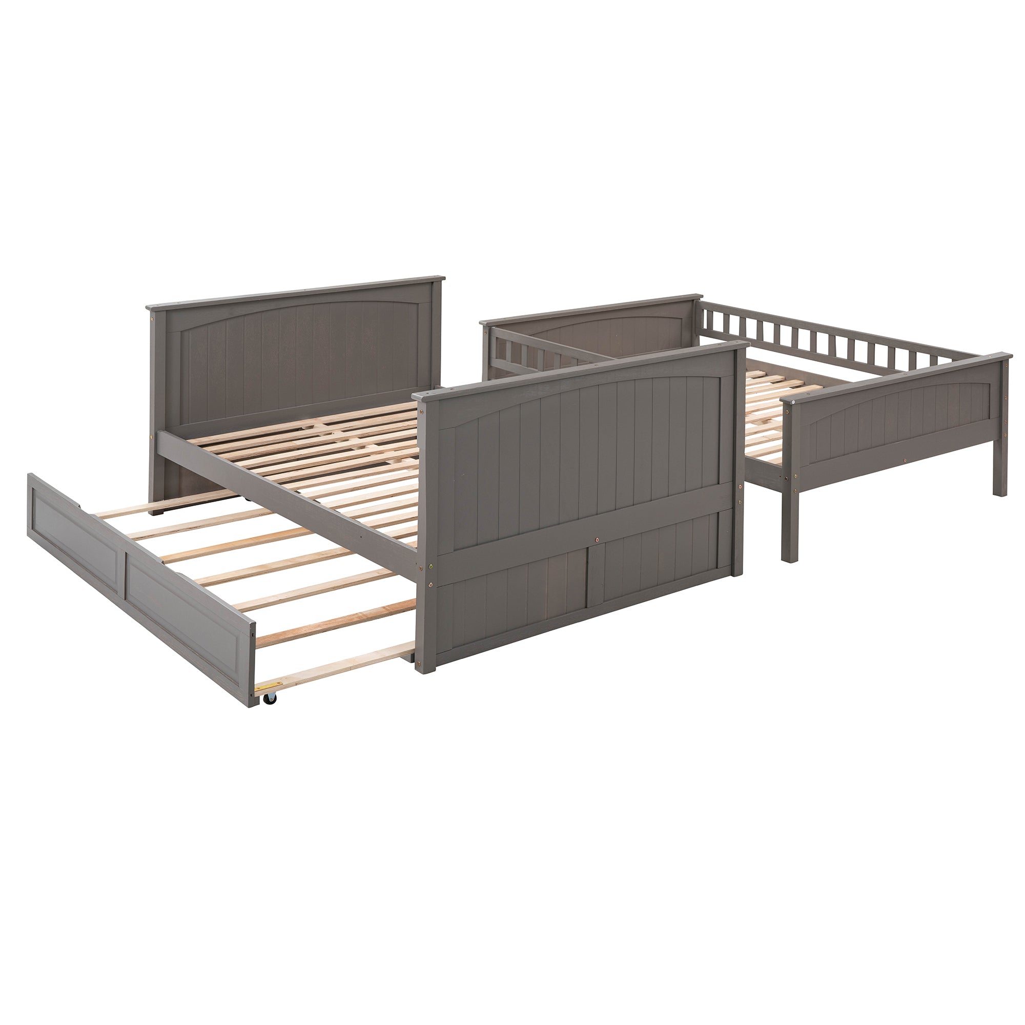 Full Over Full Bunk Bed with Twin Size Trundle, Pine Wood Bunk Bed with Guardrails, Brushed Gray(Old SKU:LP000044AAN)