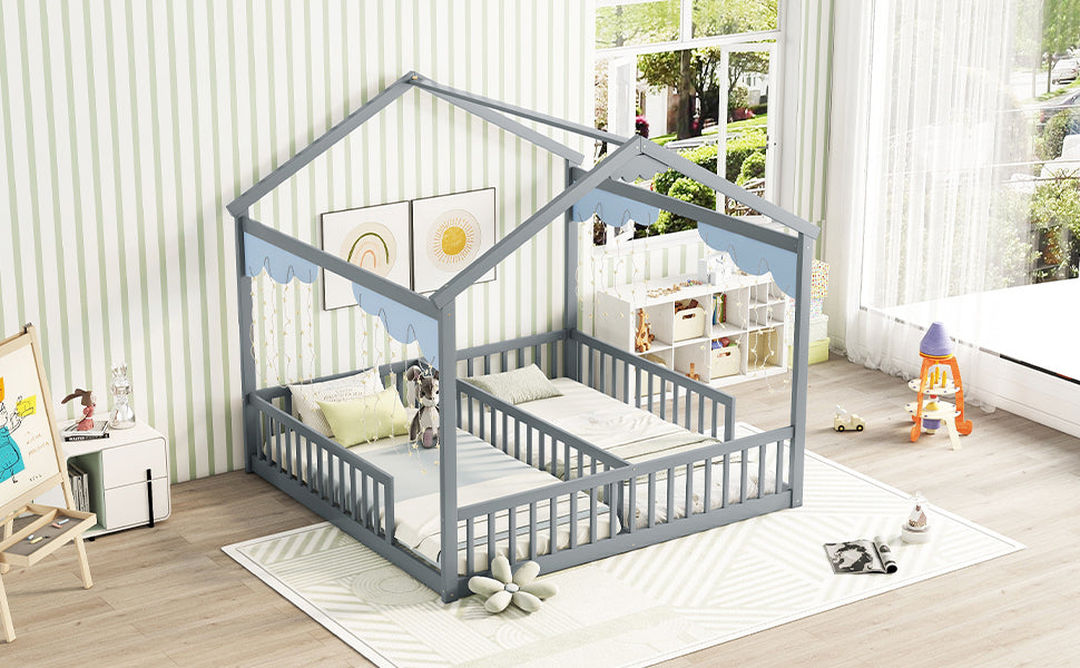 Double Twin House-Style Floor Bed with Fence, Guardrails, without door, Grey