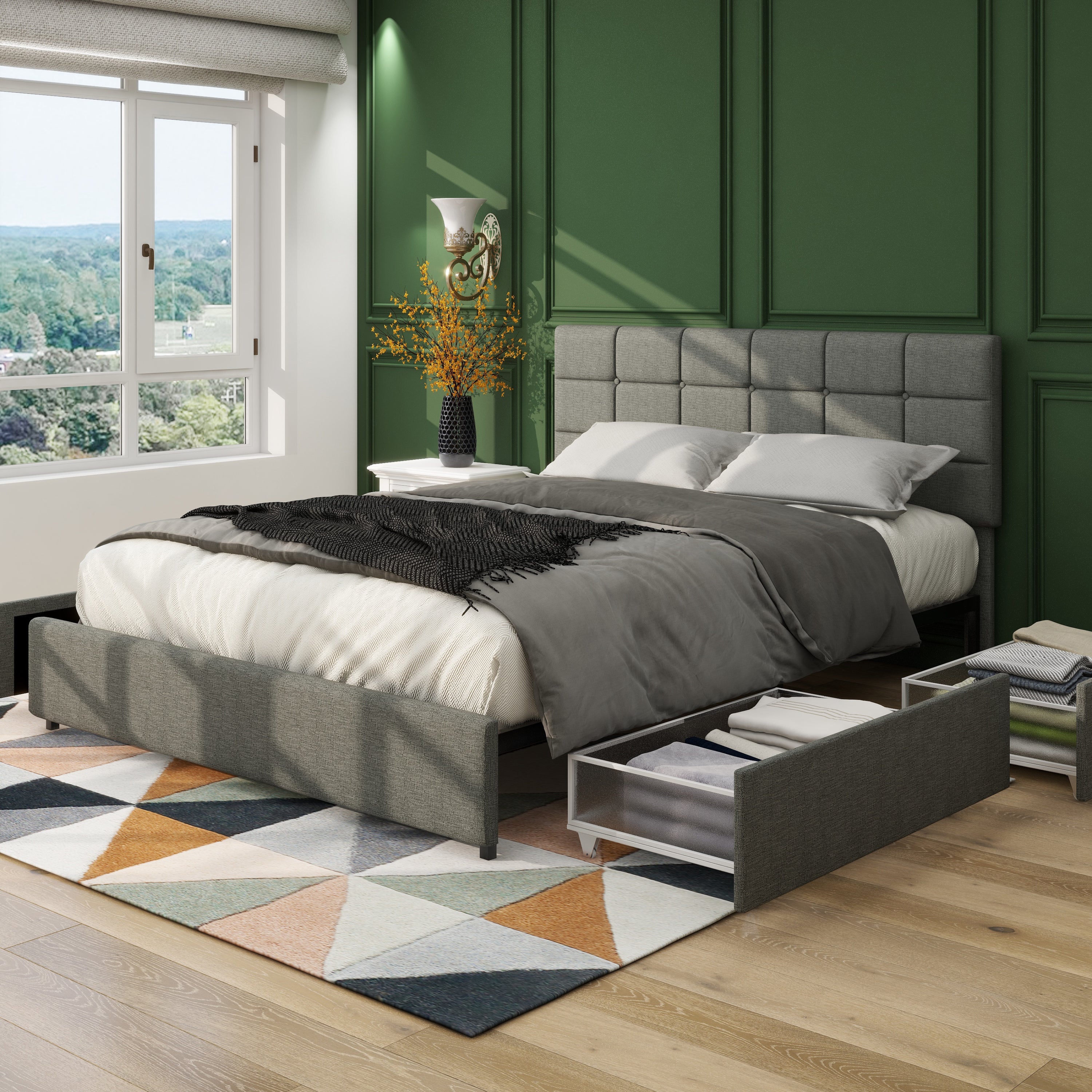 Vera Full Size Gray Linen Upholstered Platform Bed with Patented 4 Drawers Storage, Square Stitched Button Tufted Headboard, Wooden Slat Mattress Support No Box Spring Required - Atlantic Fine Furniture Melbourne FL