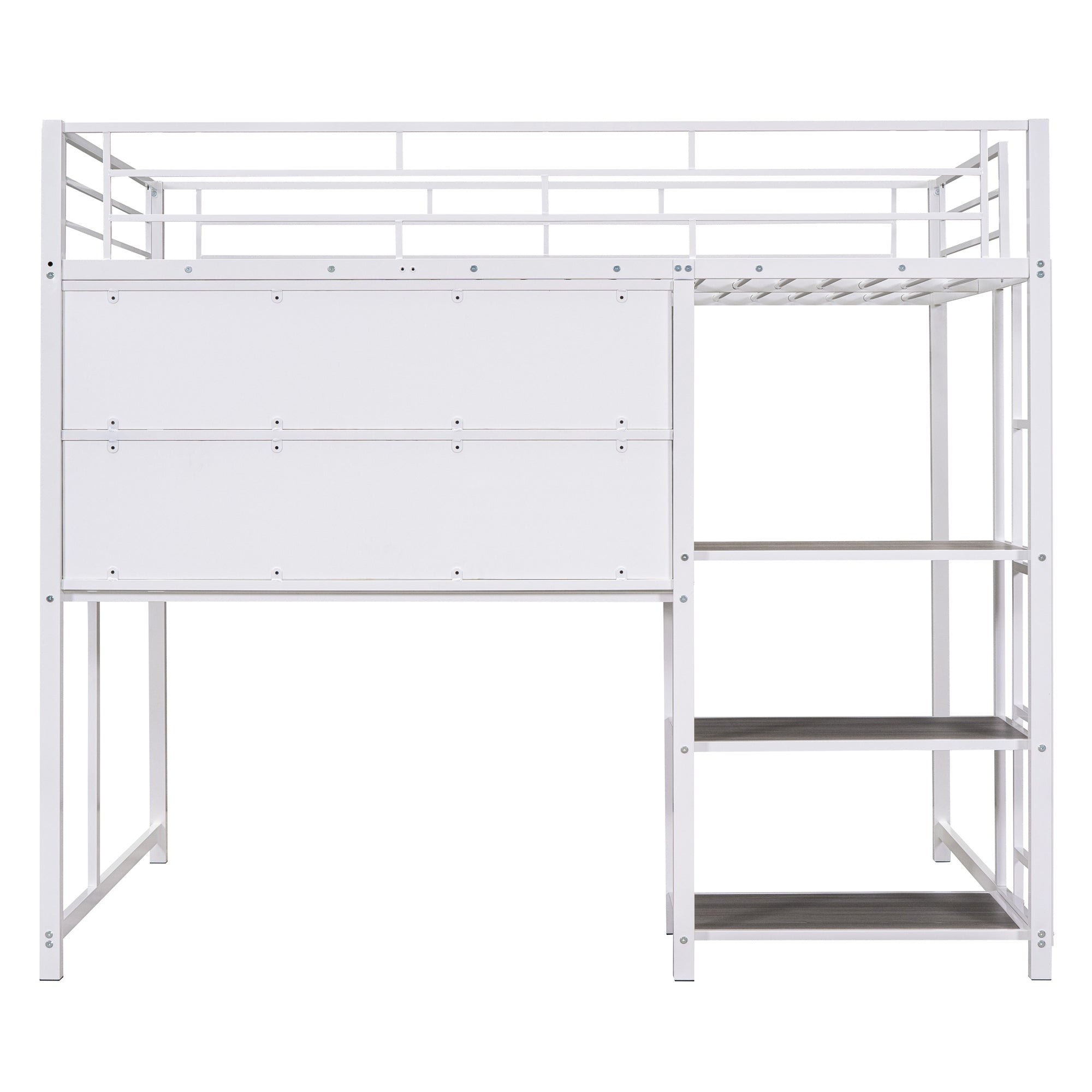 Full Size Loft Bed with Desk and Whiteboard, Metal Loft Bed with 3 Shelves and Ladder, White - Atlantic Fine Furniture Melbourne FL
