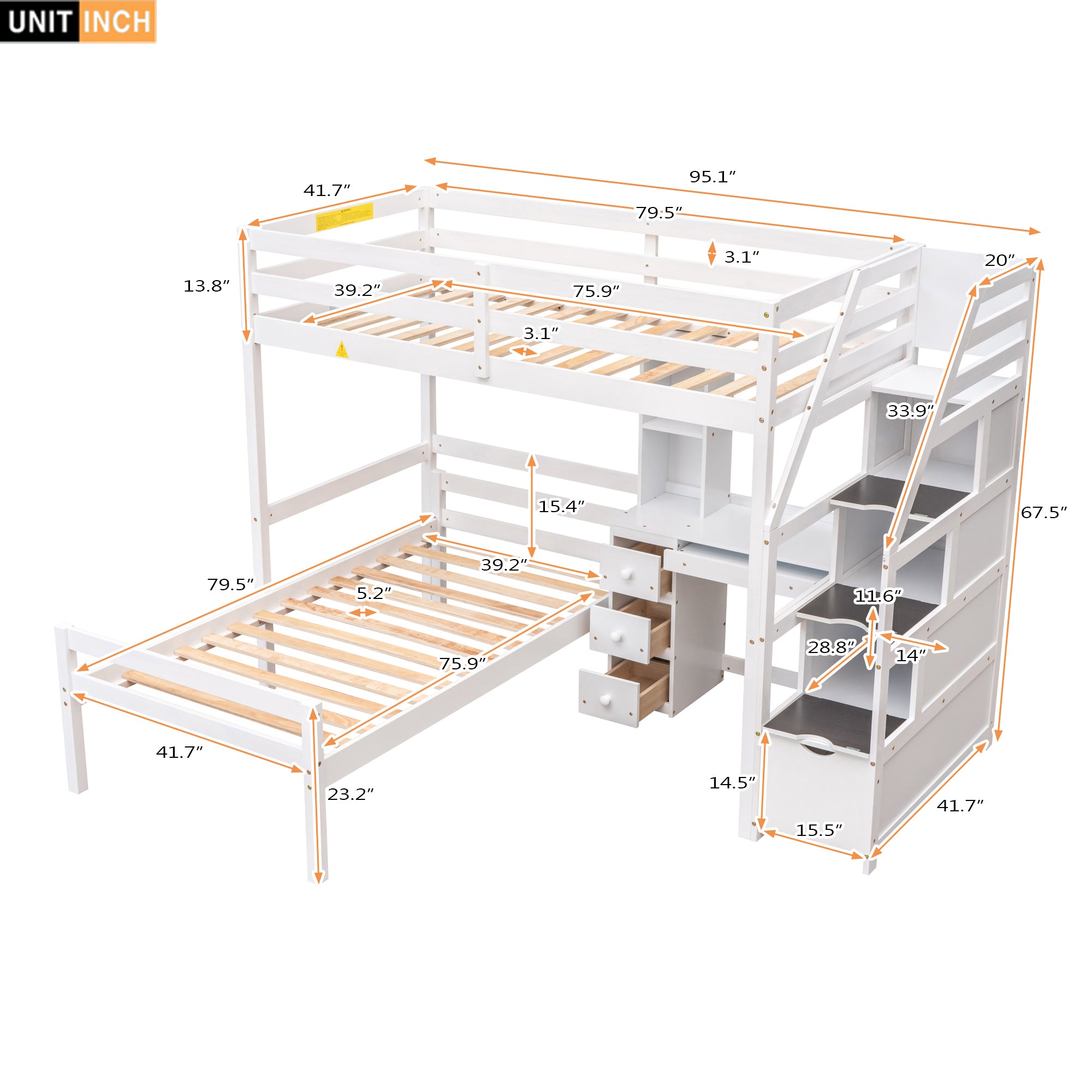 Twin Size Loft Bed with a Stand-alone Bed, Storage Staircase, Desk, Shelves and Drawers, White - Atlantic Fine Furniture Melbourne FL