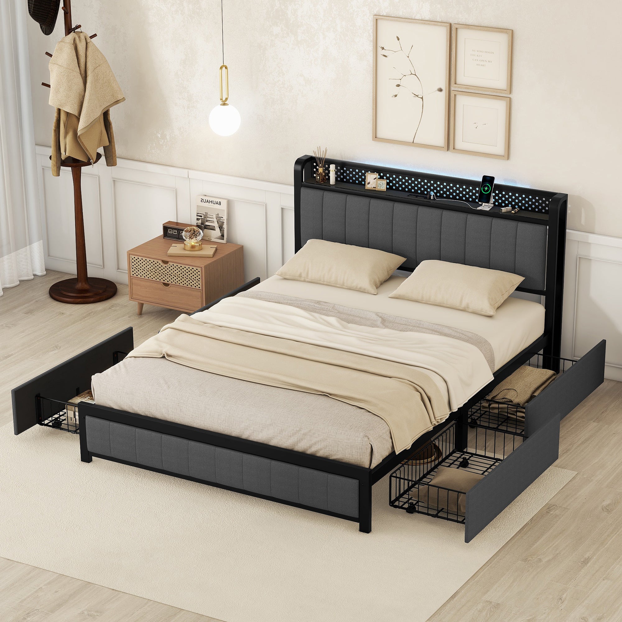 Queen Bed Frame with LED Headboard, Upholstered Bed with 4 Storage Drawers and USB Ports, Dark Grey - Atlantic Fine Furniture Melbourne FL